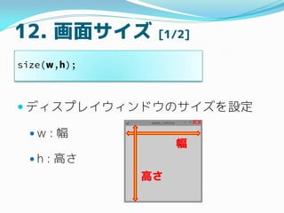 12. 極 [1/2]
? ǥץ쥤ɥΥO
? w : 
? h : ߤ
size(w,h);

ߤ
 