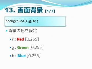 13. 汳 [1/3]
? ɫO
? r : Red [0,255]
? g : Green [0,255]
? b : Blue [0,255]
background(r,g,b);
 