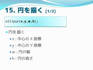 15. Ҥ褯 [1/2]
? Ҥ褯
? x : Ĥ X 
? y : Ĥ Y 
? w : Ҥη
? h : Ҥθߤ
ellipse(x,y,w,h);
 