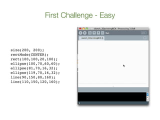 First Challenge - Easy

size(200, 200);
rectMode(CENTER);
rect(100,100,20,100);
ellipse(100,70,60,60);
ellipse(81,70,16,32);
ellipse(119,70,16,32);
line(90,150,80,160);
line(110,150,120,160);

 