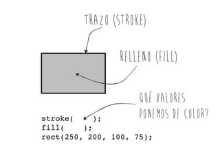 Trazo (stroke)
RELLENO (FILL)
QUé valores
ponemos de COLOR?

stroke(
);
fill(
);
rect(250, 200, 100, 75);

 