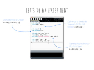 LEt’s DO AN EXPERIMENT
Comentamos la función
background();

Deﬁnimos el fondo del
“canvas” dentro del
bloque setup()

Cambiamos el ancho y
alto de la ﬁgura
ellipse();

 