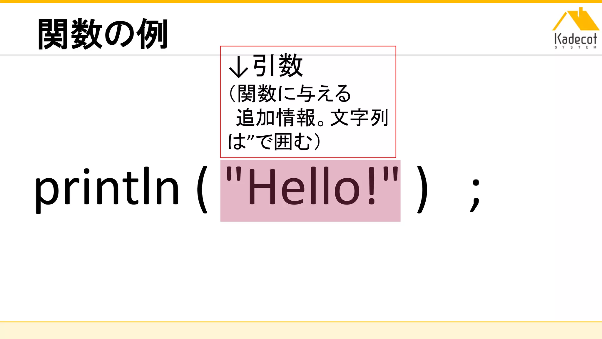 株式会社ソニーコンピュータサイエンス研究所
関数の例
println ( "Hello!" ) ;
↓引数
（関数に与える
追加情報。文字列
は”で囲む）
 