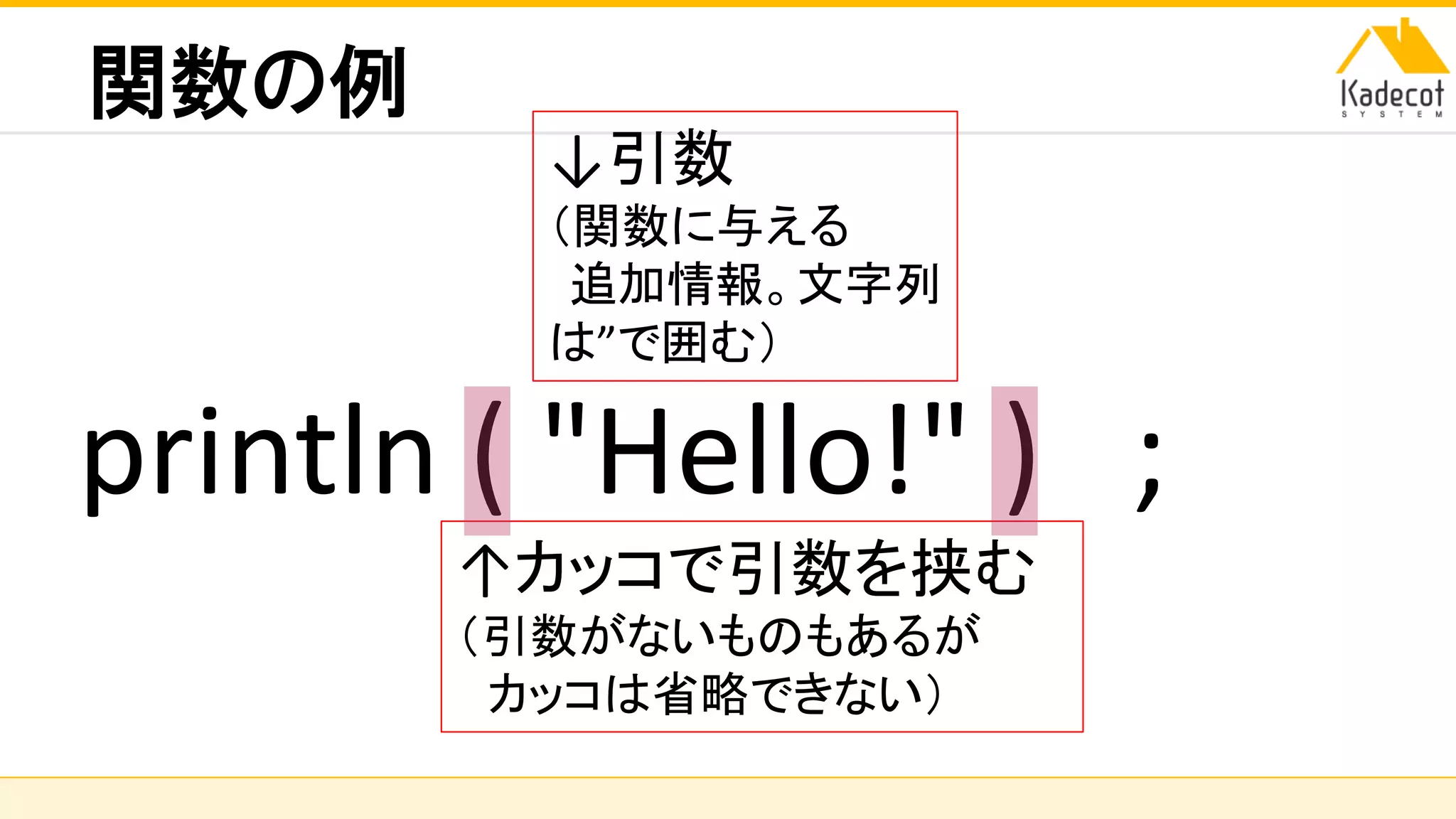 株式会社ソニーコンピュータサイエンス研究所
関数の例
println ( "Hello!" ) ;
↑カッコで引数を挟む
（引数がないものもあるが
カッコは省略できない）
↓引数
（関数に与える
追加情報。文字列
は”で囲む）
 