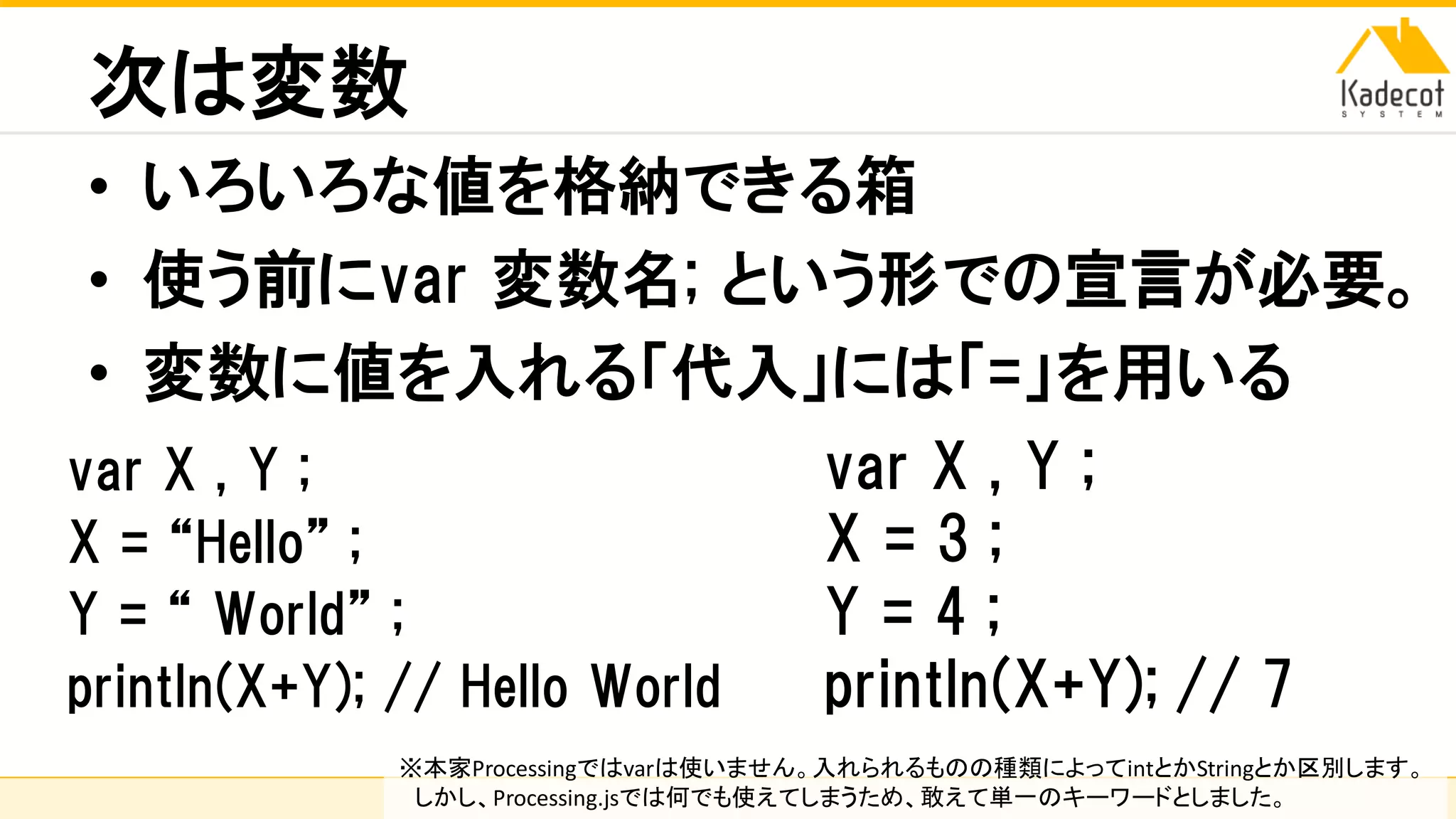 株式会社ソニーコンピュータサイエンス研究所
次は変数
• いろいろな値を格納できる箱
• 使う前にvar 変数名; という形での宣言が必要。
• 変数に値を入れる「代入」には「=」を用いる
var X , Y ;
X = “Hello” ;
Y = “ World” ;
println(X+Y); // Hello World
var X , Y ;
X = 3 ;
Y = 4 ;
println(X+Y); // 7
※本家Processingではvarは使いません。入れられるものの種類によってintとかStringとか区別します。
しかし、Processing.jsでは何でも使えてしまうため、敢えて単一のキーワードとしました。
 