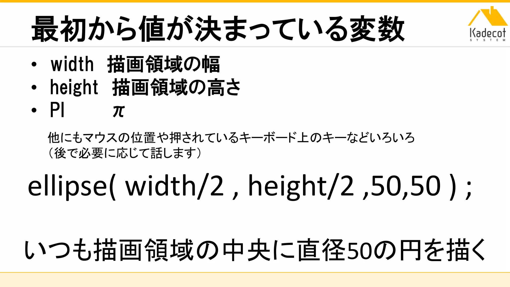 株式会社ソニーコンピュータサイエンス研究所
最初から値が決まっている変数
• width 描画領域の幅
• height 描画領域の高さ
• PI π
他にもマウスの位置や押されているキーボード上のキーなどいろいろ
（後で必要に応じて話します）
ellipse( width/2 , height/2 ,50,50 ) ;
いつも描画領域の中央に直径50の円を描く
 