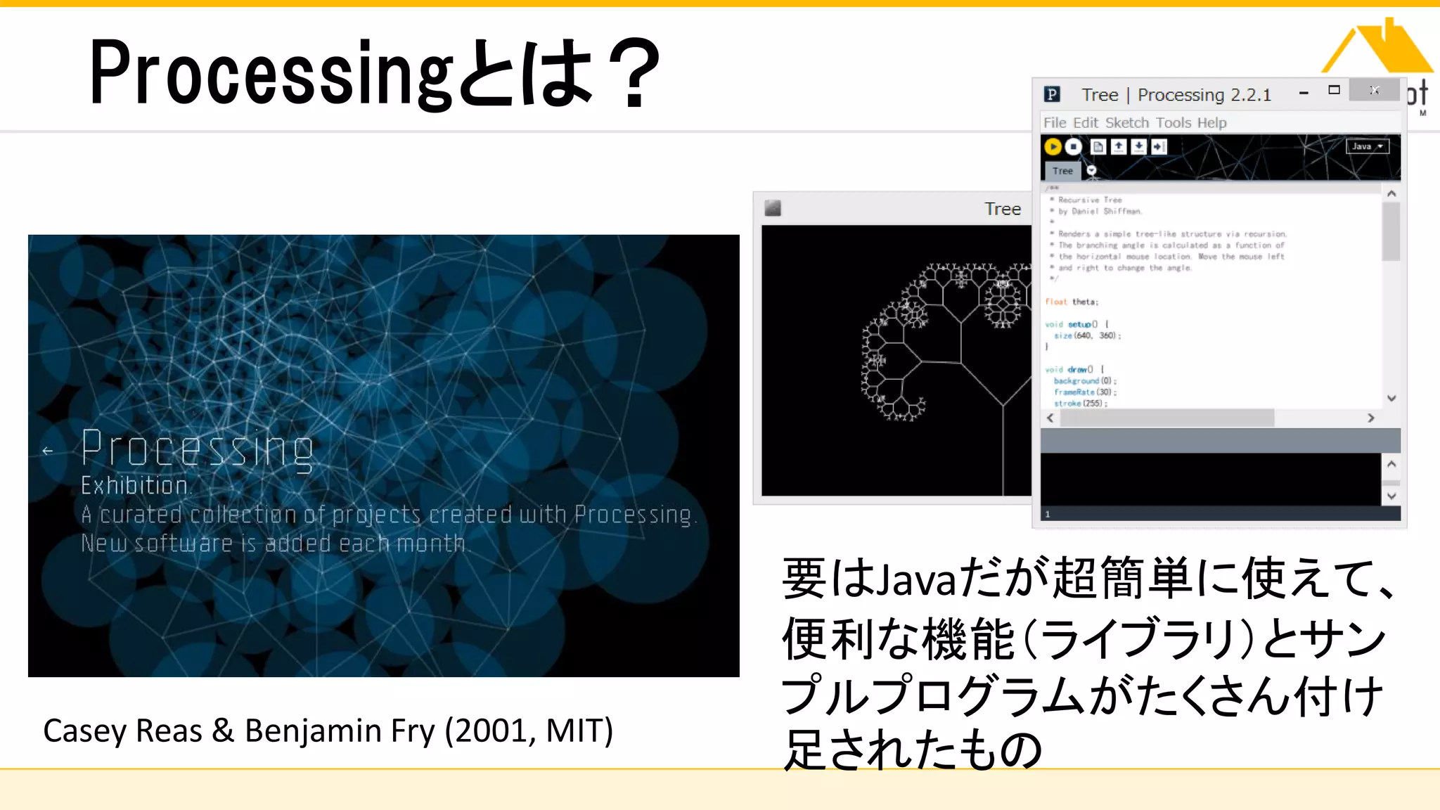株式会社ソニーコンピュータサイエンス研究所
Processingとは？
Casey Reas & Benjamin Fry (2001, MIT)
要はJavaだが超簡単に使えて、
便利な機能（ライブラリ）とサン
プルプログラムがたくさん付け
足されたもの
 