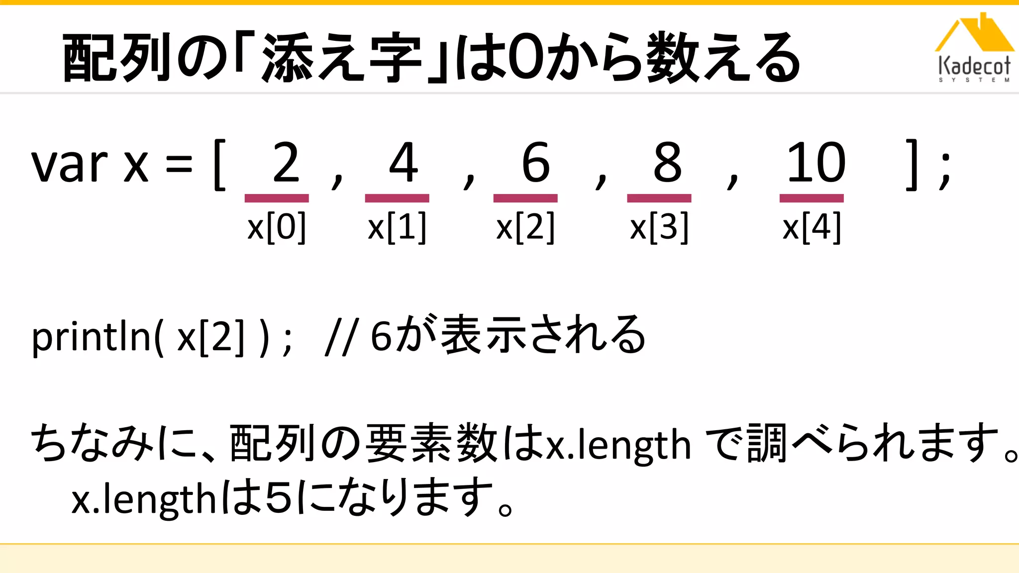 株式会社ソニーコンピュータサイエンス研究所
配列の「添え字」は０から数える
var x = [ 2 , 4 , 6 , 8 , 10 ] ;
println( x[2] ) ; // 6が表示される
ちなみに、配列の要素数はx.length で調べられます。
x.lengthは５になります。
x[0] x[1] x[2] x[3] x[4]
 