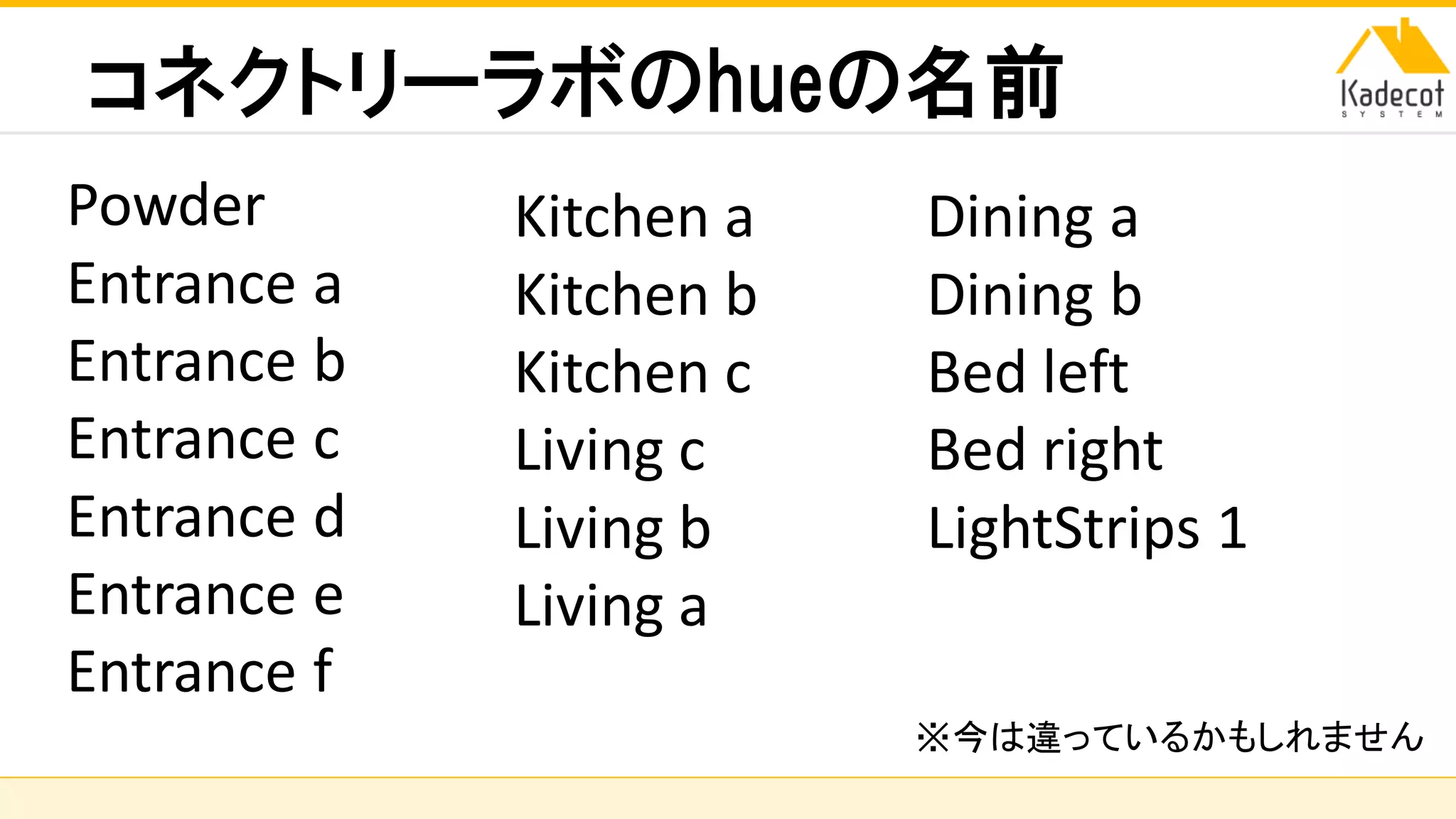 株式会社ソニーコンピュータサイエンス研究所
コネクトリーラボのhueの名前
Powder
Entrance a
Entrance b
Entrance c
Entrance d
Entrance e
Entrance f
Kitchen a
Kitchen b
Kitchen c
Living c
Living b
Living a
Dining a
Dining b
Bed left
Bed right
LightStrips 1
※今は違っているかもしれません
 
