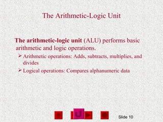Slide 10
The Arithmetic-Logic Unit
The arithmetic-logic unit (ALU) performs basic
arithmetic and logic operations.
Arithmetic operations: Adds, subtracts, multiplies, and
divides
Logical operations: Compares alphanumeric data
 