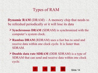 Slide 14
Types of RAM
Dynamic RAM (DRAM) – A memory chip that needs to
be refreshed periodically or it will lose its data
Synchronous DRAM (SDRAM) is synchronized with the
computer’s system clock.
Rambus DRAM (RDRAM) uses a fast bus to send and
receive data within one clock cycle. It is faster than
SDRAM.
Double data rate SDRAM (DDR SDRAM) is a type of
SDRAM that can send and receive data within one clock
cycle.
 