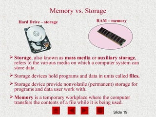 Slide 19
Hard Drive – storage RAM – memory
Memory vs. Storage
Storage, also known as mass media or auxiliary storage,
refers to the various media on which a computer system can
store data.
Storage devices hold programs and data in units called files.
Storage device provide nonvolatile (permanent) storage for
programs and data user work with.
Memory is a temporary workplace where the computer
transfers the contents of a file while it is being used.
 
