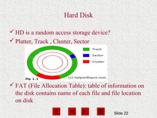 Slide 22
Hard Disk
HD is a random access storage device?
Platter, Track , Cluster, Sector
FAT (File Allocation Table): table of information on
the disk contains name of each file and file location
on disk
 