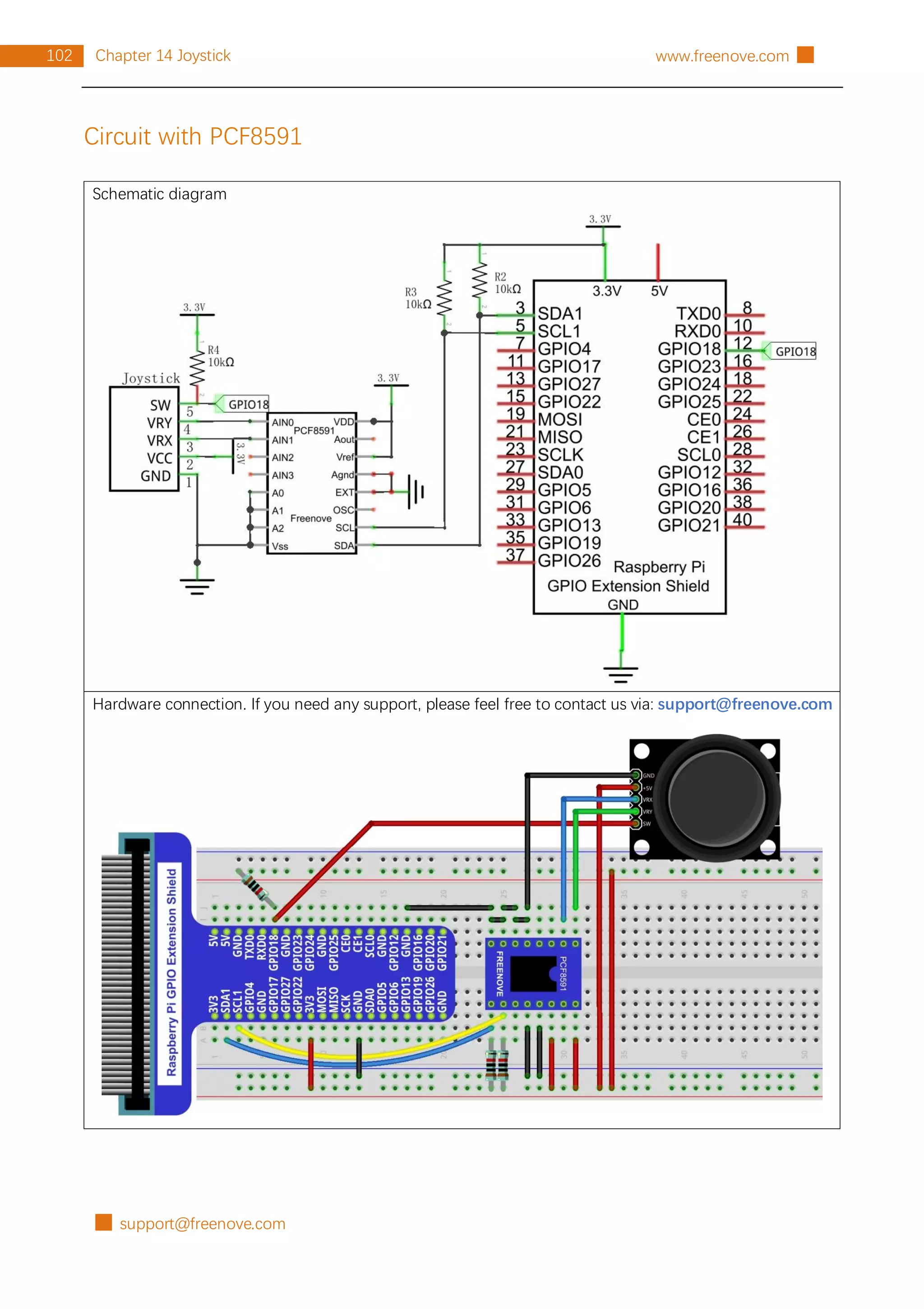 █ support@freenove.com
102 Chapter 14 Joystick www.freenove.com █
Circuit with PCF8591
Schematic diagram
Hardware connection. If you need any support, please feel free to contact us via: support@freenove.com
 
