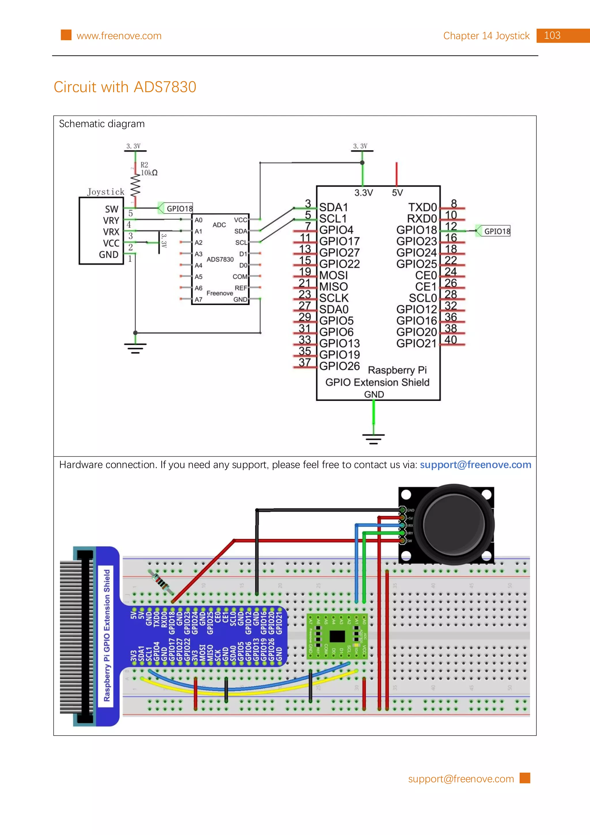 support@freenove.com █
103
Chapter 14 Joystick
█ www.freenove.com
Circuit with ADS7830
Schematic diagram
Hardware connection. If you need any support, please feel free to contact us via: support@freenove.com
 