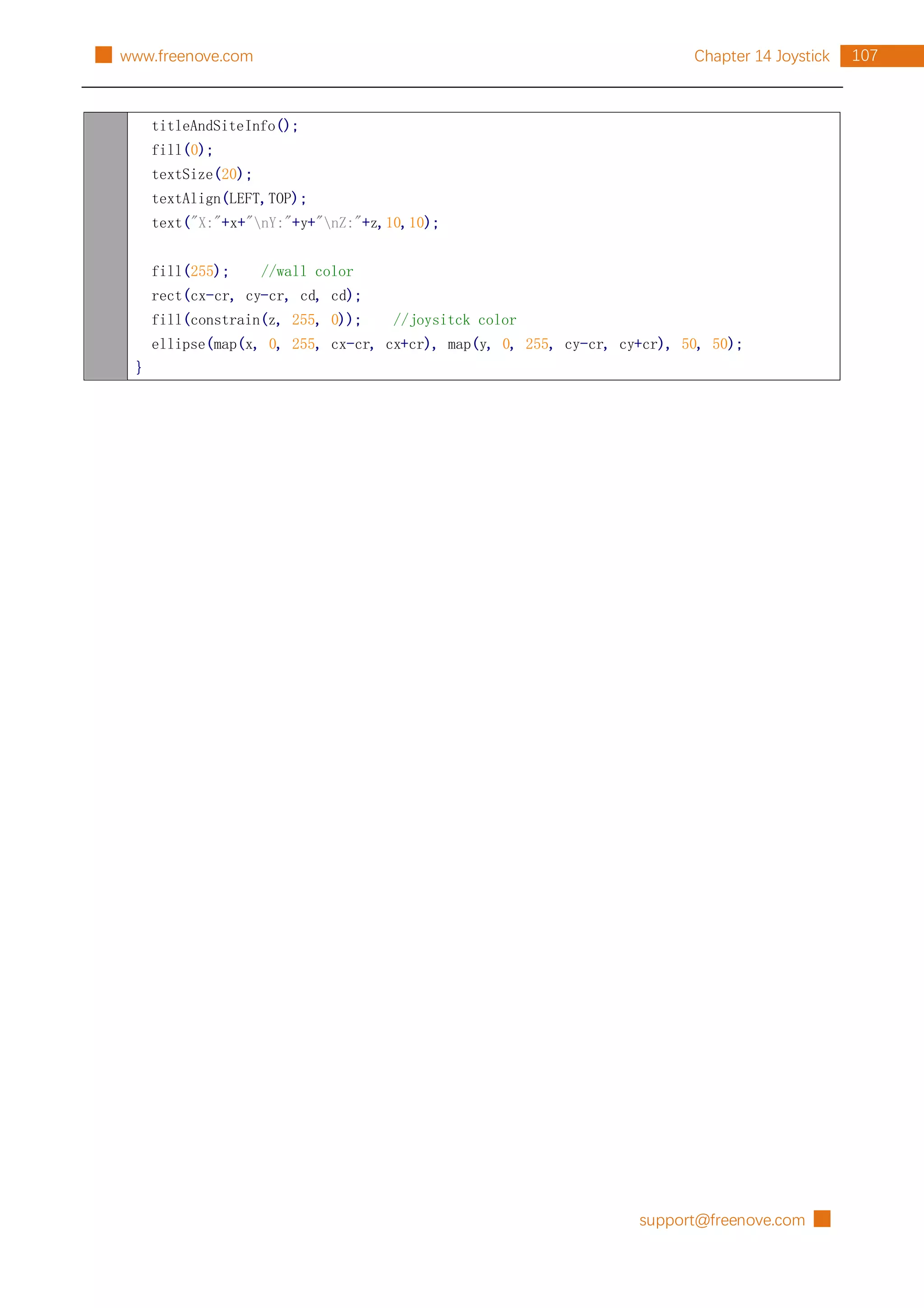 support@freenove.com █
107
Chapter 14 Joystick
█ www.freenove.com
titleAndSiteInfo();
fill(0);
textSize(20);
textAlign(LEFT,TOP);
text("X:"+x+"nY:"+y+"nZ:"+z,10,10);
fill(255); //wall color
rect(cx-cr, cy-cr, cd, cd);
fill(constrain(z, 255, 0)); //joysitck color
ellipse(map(x, 0, 255, cx-cr, cx+cr), map(y, 0, 255, cy-cr, cy+cr), 50, 50);
}
 