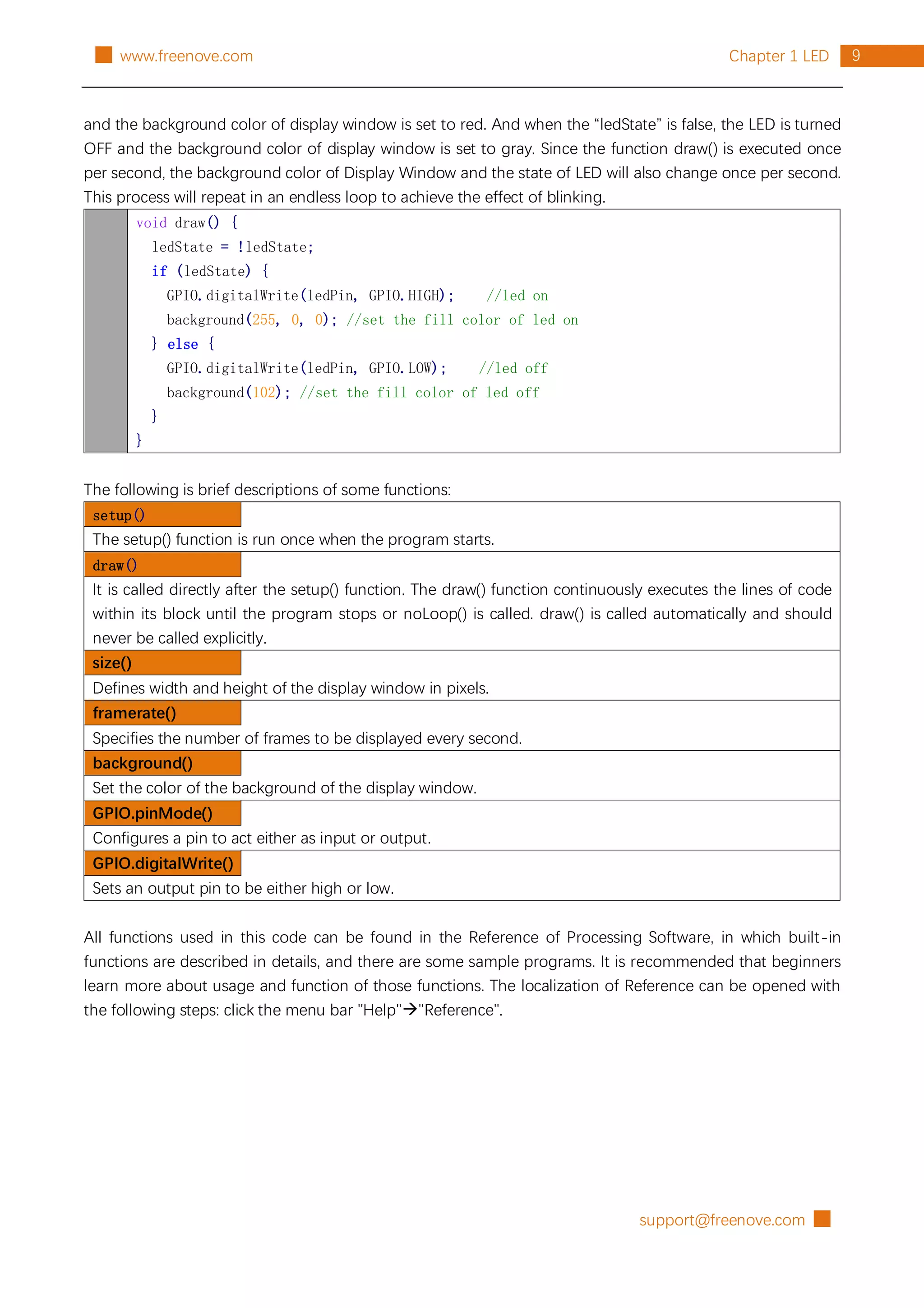 support@freenove.com █
9
Chapter 1 LED
█ www.freenove.com
and the background color of display window is set to red. And when the “ledState” is false, the LED is turned
OFF and the background color of display window is set to gray. Since the function draw() is executed once
per second, the background color of Display Window and the state of LED will also change once per second.
This process will repeat in an endless loop to achieve the effect of blinking.
void draw() {
ledState = !ledState;
if (ledState) {
GPIO.digitalWrite(ledPin, GPIO.HIGH); //led on
background(255, 0, 0); //set the fill color of led on
} else {
GPIO.digitalWrite(ledPin, GPIO.LOW); //led off
background(102); //set the fill color of led off
}
}
The following is brief descriptions of some functions:
setup()
The setup() function is run once when the program starts.
draw()
It is called directly after the setup() function. The draw() function continuously executes the lines of code
within its block until the program stops or noLoop() is called. draw() is called automatically and should
never be called explicitly.
size()
Defines width and height of the display window in pixels.
framerate()
Specifies the number of frames to be displayed every second.
background()
Set the color of the background of the display window.
GPIO.pinMode()
Configures a pin to act either as input or output.
GPIO.digitalWrite()
Sets an output pin to be either high or low.
All functions used in this code can be found in the Reference of Processing Software, in which built-in
functions are described in details, and there are some sample programs. It is recommended that beginners
learn more about usage and function of those functions. The localization of Reference can be opened with
the following steps: click the menu bar "Help""Reference".
 