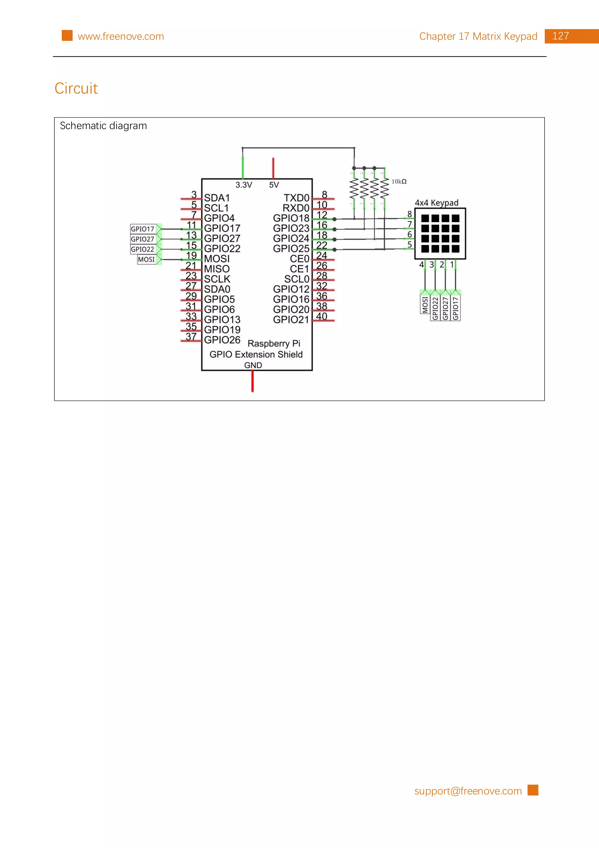 support@freenove.com █
127
Chapter 17 Matrix Keypad
█ www.freenove.com
Circuit
Schematic diagram
 