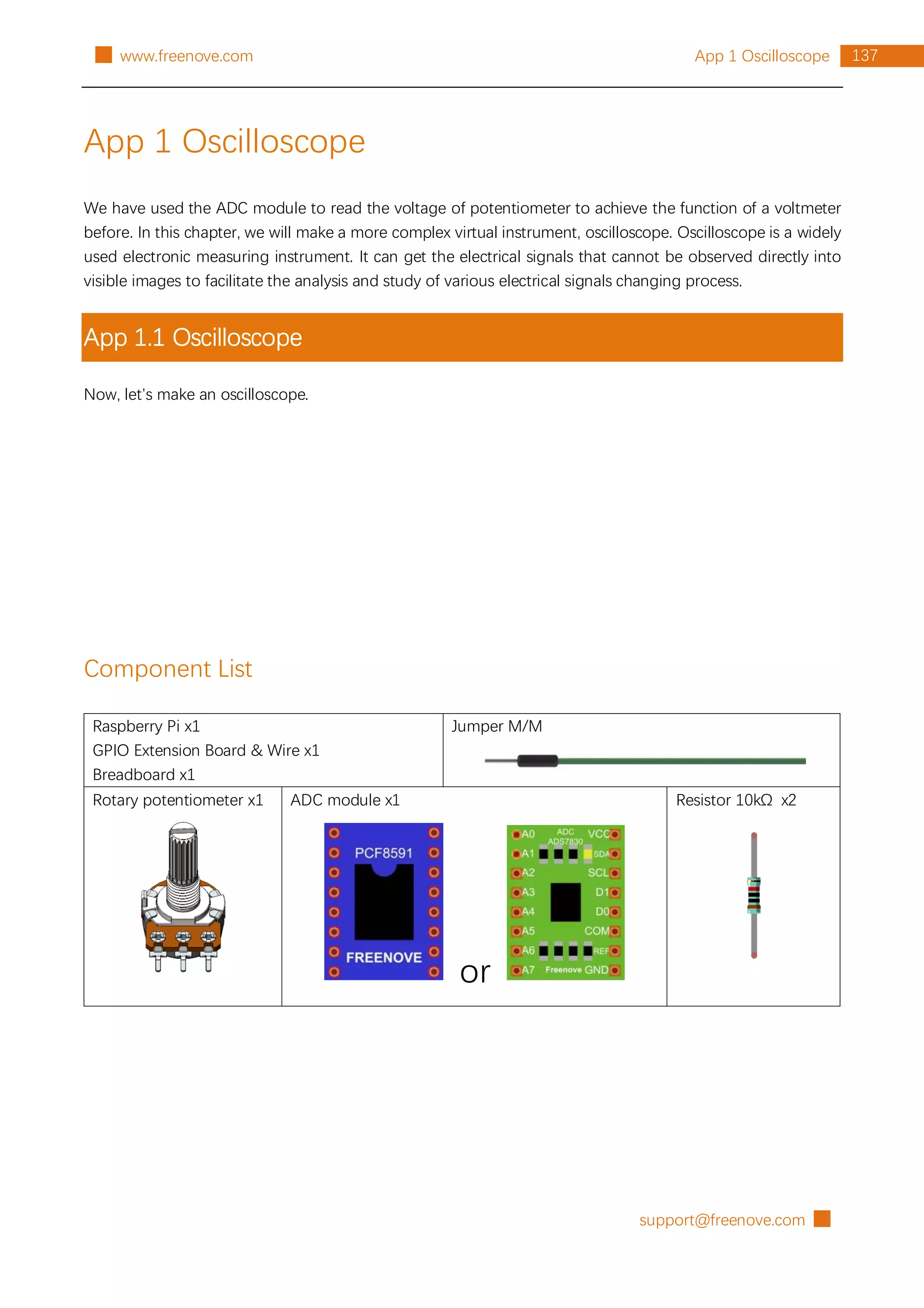 support@freenove.com █
137
App 1 Oscilloscope
█ www.freenove.com
App 1 Oscilloscope
We have used the ADC module to read the voltage of potentiometer to achieve the function of a voltmeter
before. In this chapter, we will make a more complex virtual instrument, oscilloscope. Oscilloscope is a widely
used electronic measuring instrument. It can get the electrical signals that cannot be observed directly into
visible images to facilitate the analysis and study of various electrical signals changing process.
App 1.1 Oscilloscope
Now, let's make an oscilloscope.
Component List
Raspberry Pi x1
GPIO Extension Board & Wire x1
Breadboard x1
Jumper M/M
Rotary potentiometer x1 ADC module x1
or
Resistor 10kΩ x2
 