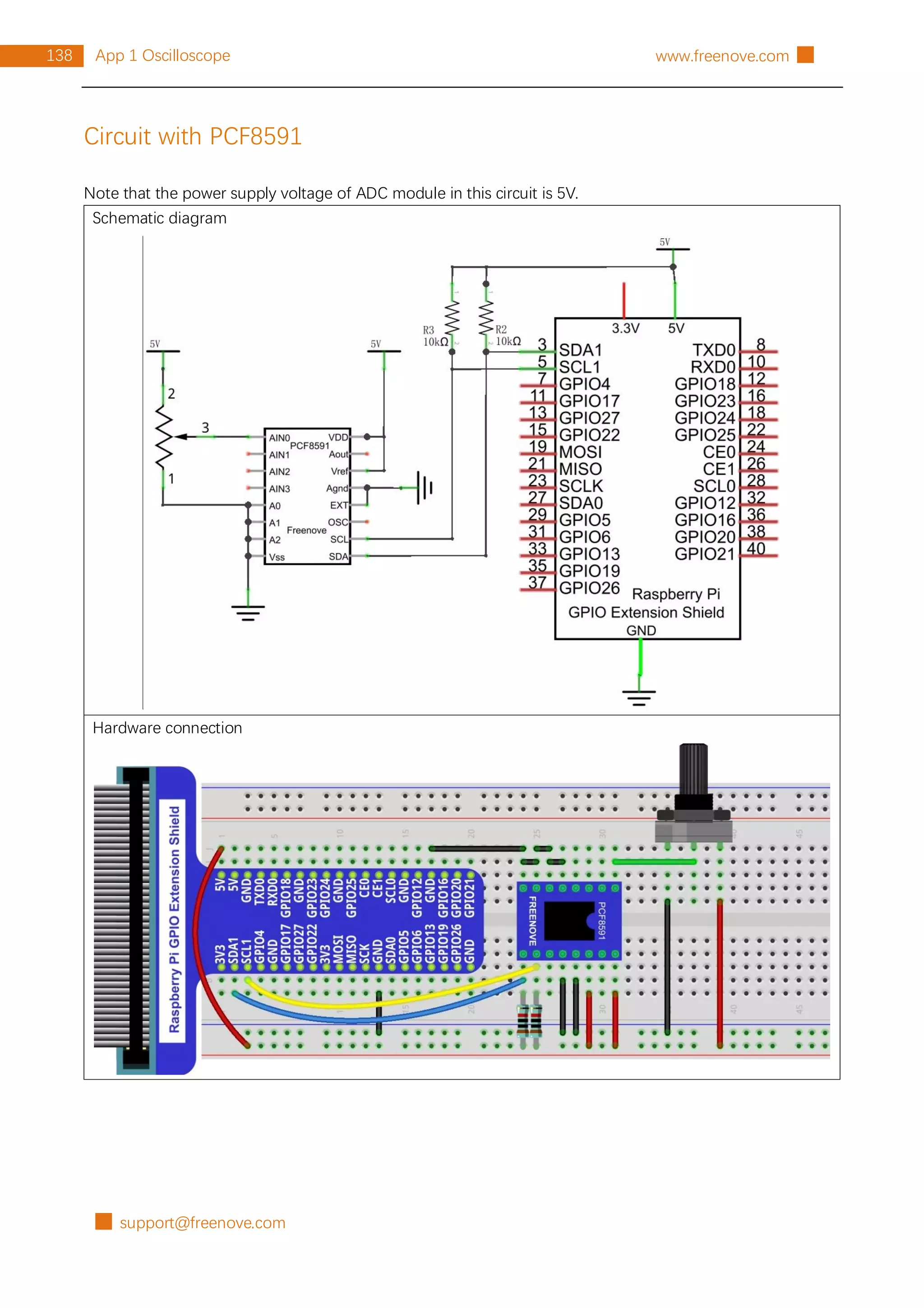 █ support@freenove.com
138 App 1 Oscilloscope www.freenove.com █
Circuit with PCF8591
Note that the power supply voltage of ADC module in this circuit is 5V.
Schematic diagram
Hardware connection
 