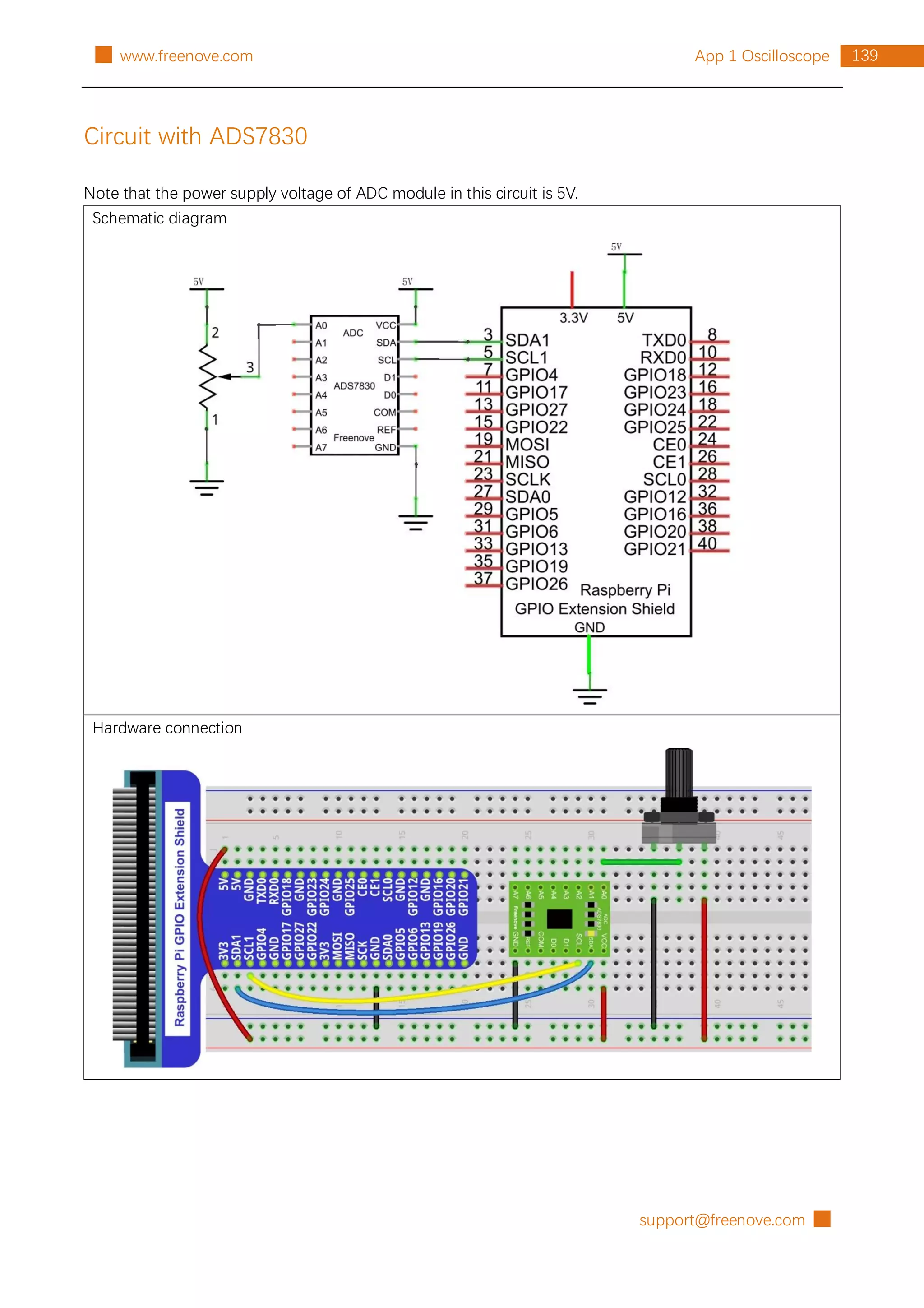 support@freenove.com █
139
App 1 Oscilloscope
█ www.freenove.com
Circuit with ADS7830
Note that the power supply voltage of ADC module in this circuit is 5V.
Schematic diagram
Hardware connection
 