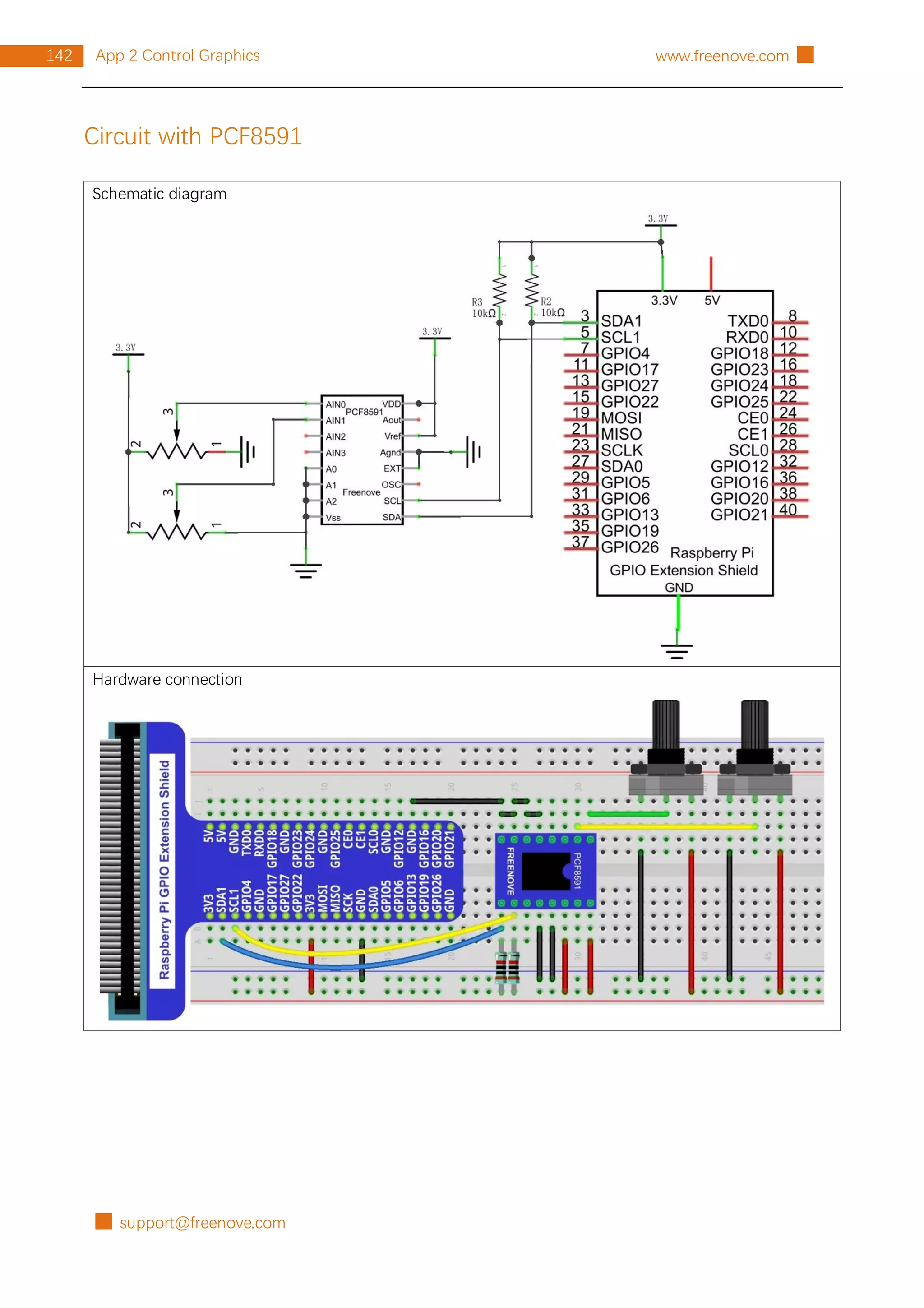 █ support@freenove.com
142 App 2 Control Graphics www.freenove.com █
Circuit with PCF8591
Schematic diagram
Hardware connection
 