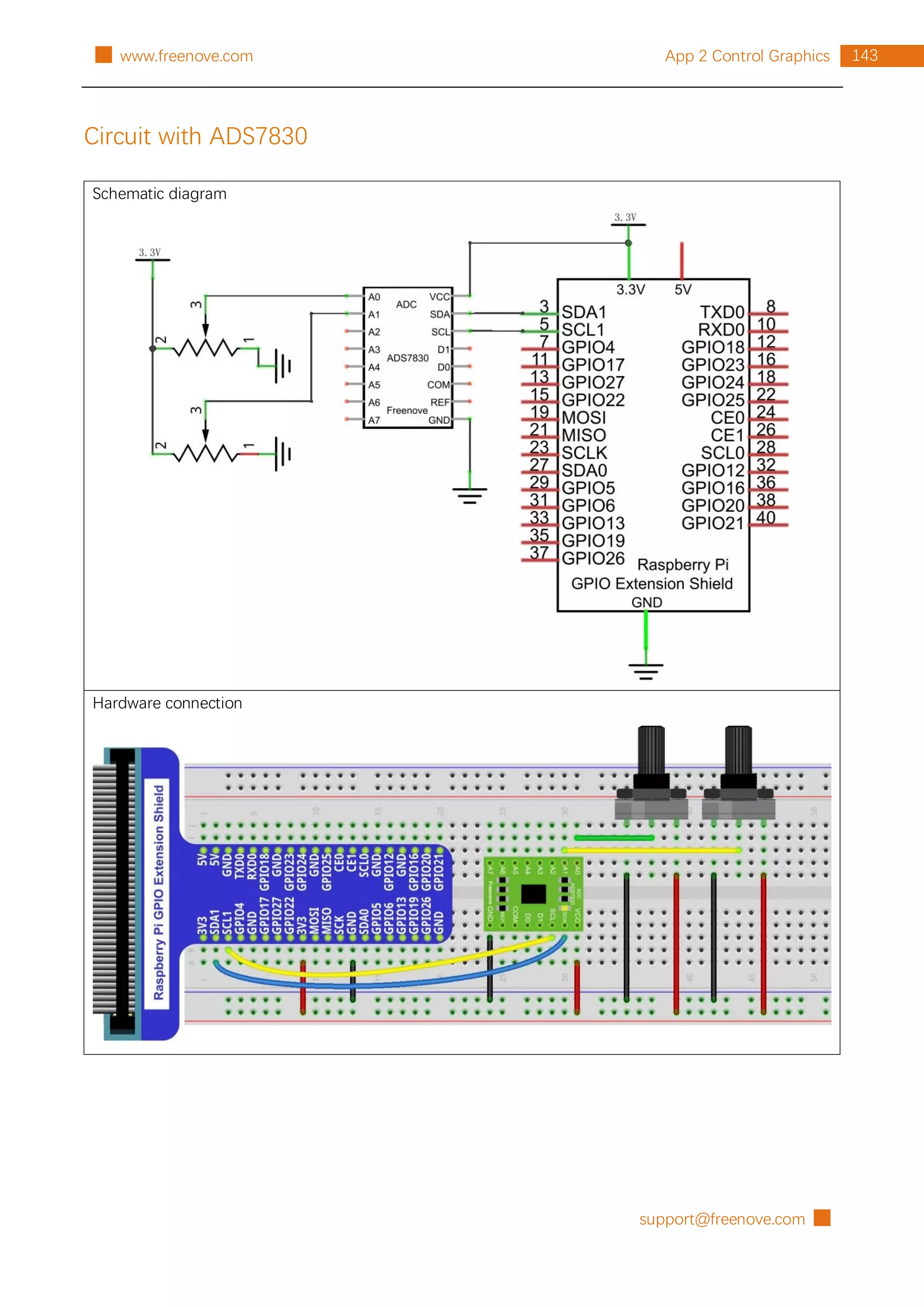 support@freenove.com █
143
App 2 Control Graphics
█ www.freenove.com
Circuit with ADS7830
Schematic diagram
Hardware connection
 