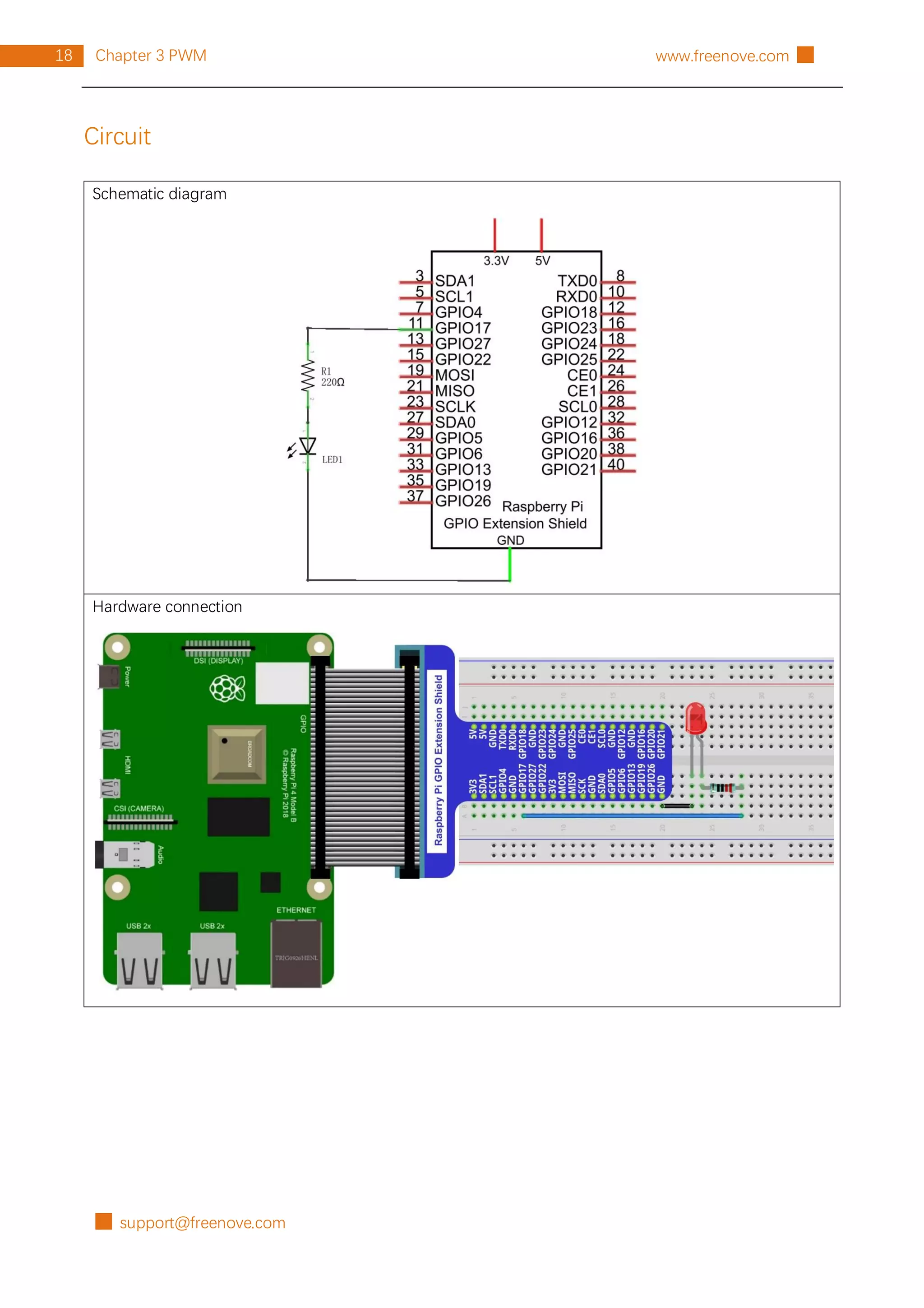 █ support@freenove.com
18 Chapter 3 PWM www.freenove.com █
Circuit
Schematic diagram
Hardware connection
 