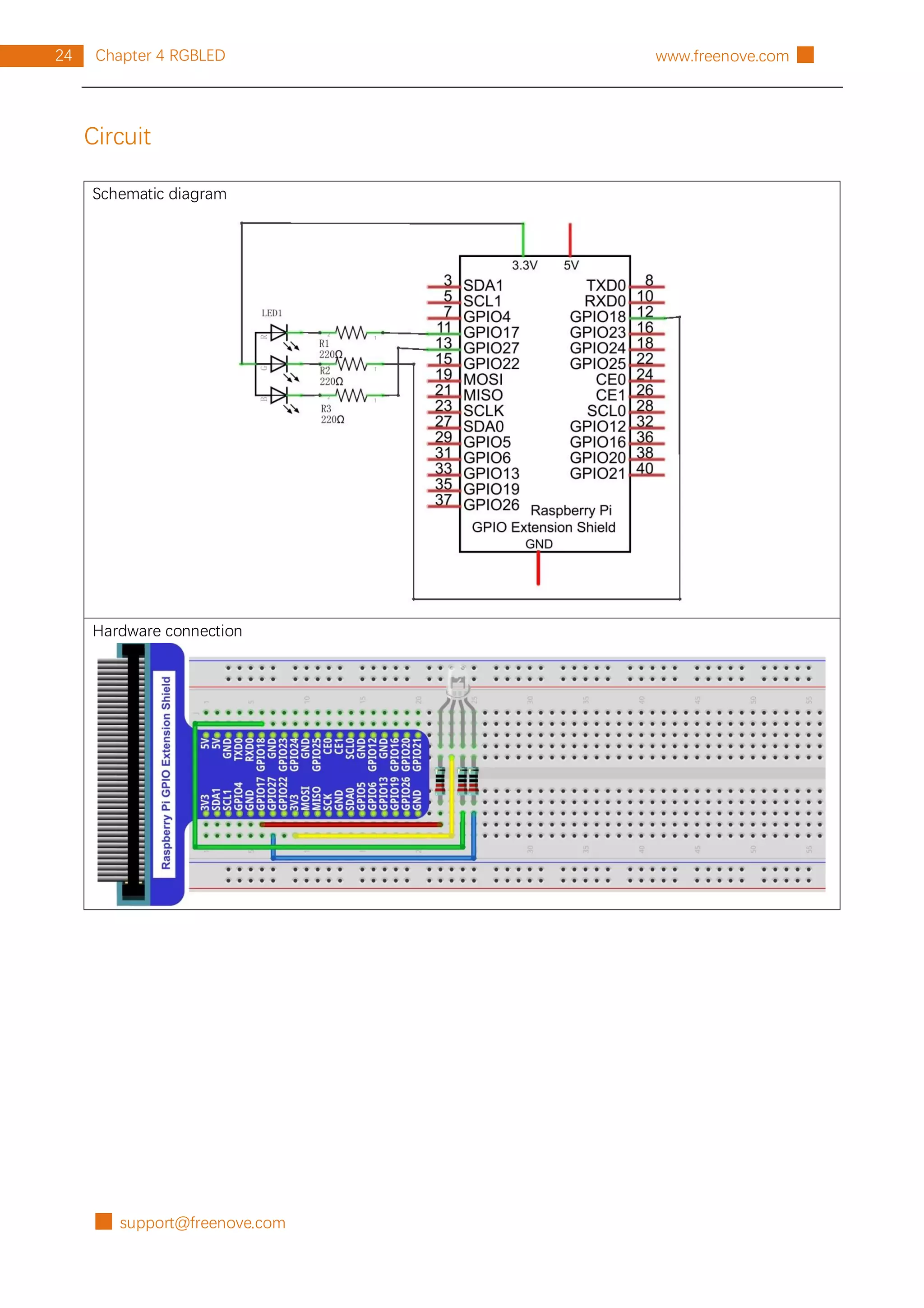 █ support@freenove.com
24 Chapter 4 RGBLED www.freenove.com █
Circuit
Schematic diagram
Hardware connection
 