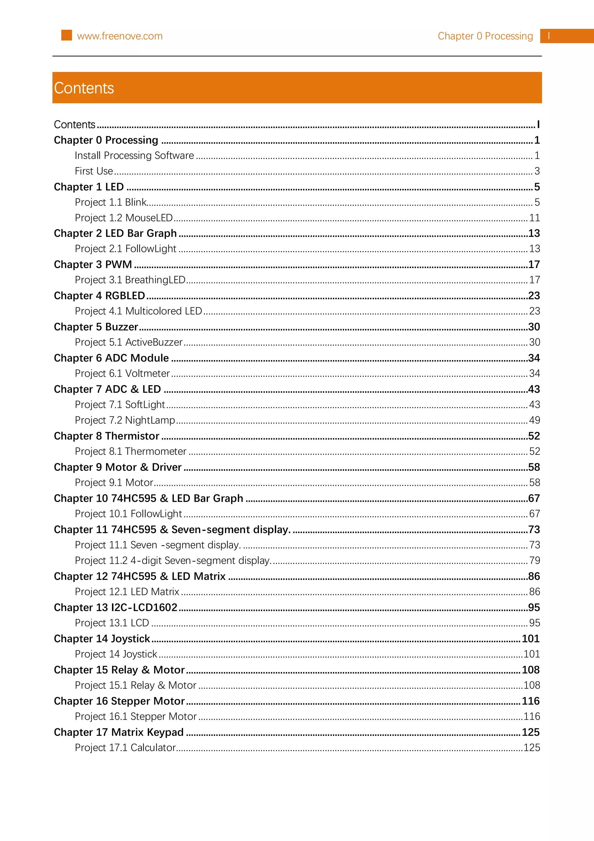 I
Chapter 0 Processing
█ www.freenove.com
Contents
Contents.................................................................................................................................................................................I
Chapter 0 Processing ......................................................................................................................................................1
Install Processing Software ........................................................................................................................................1
First Use.........................................................................................................................................................................3
Chapter 1 LED ....................................................................................................................................................................5
Project 1.1 Blink............................................................................................................................................................5
Project 1.2 MouseLED...............................................................................................................................................11
Chapter 2 LED Bar Graph.............................................................................................................................................13
Project 2.1 FollowLight .............................................................................................................................................13
Chapter 3 PWM...............................................................................................................................................................17
Project 3.1 BreathingLED..........................................................................................................................................17
Chapter 4 RGBLED..........................................................................................................................................................23
Project 4.1 Multicolored LED...................................................................................................................................23
Chapter 5 Buzzer.............................................................................................................................................................30
Project 5.1 ActiveBuzzer...........................................................................................................................................30
Chapter 6 ADC Module ................................................................................................................................................34
Project 6.1 Voltmeter................................................................................................................................................34
Chapter 7 ADC & LED ...................................................................................................................................................43
Project 7.1 SoftLight..................................................................................................................................................43
Project 7.2 NightLamp..............................................................................................................................................49
Chapter 8 Thermistor ....................................................................................................................................................52
Project 8.1 Thermometer .........................................................................................................................................52
Chapter 9 Motor & Driver ...........................................................................................................................................58
Project 9.1 Motor.......................................................................................................................................................58
Chapter 10 74HC595 & LED Bar Graph ..................................................................................................................67
Project 10.1 FollowLight...........................................................................................................................................67
Chapter 11 74HC595 & Seven-segment display. ...............................................................................................73
Project 11.1 Seven -segment display. ...................................................................................................................73
Project 11.2 4-digit Seven-segment display........................................................................................................79
Chapter 12 74HC595 & LED Matrix .........................................................................................................................86
Project 12.1 LED Matrix ............................................................................................................................................86
Chapter 13 I2C-LCD1602.............................................................................................................................................95
Project 13.1 LCD ........................................................................................................................................................95
Chapter 14 Joystick.....................................................................................................................................................101
Project 14 Joystick...................................................................................................................................................101
Chapter 15 Relay & Motor.......................................................................................................................................108
Project 15.1 Relay & Motor ...................................................................................................................................108
Chapter 16 Stepper Motor.......................................................................................................................................116
Project 16.1 Stepper Motor...................................................................................................................................116
Chapter 17 Matrix Keypad .......................................................................................................................................125
Project 17.1 Calculator............................................................................................................................................125
 