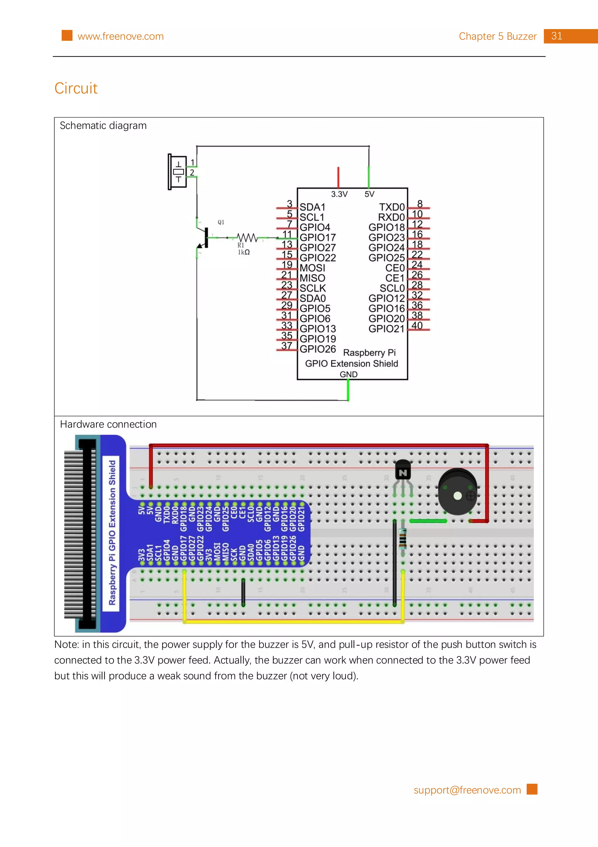 support@freenove.com █
31
Chapter 5 Buzzer
█ www.freenove.com
Circuit
Schematic diagram
Hardware connection
Note: in this circuit, the power supply for the buzzer is 5V, and pull-up resistor of the push button switch is
connected to the 3.3V power feed. Actually, the buzzer can work when connected to the 3.3V power feed
but this will produce a weak sound from the buzzer (not very loud).
 