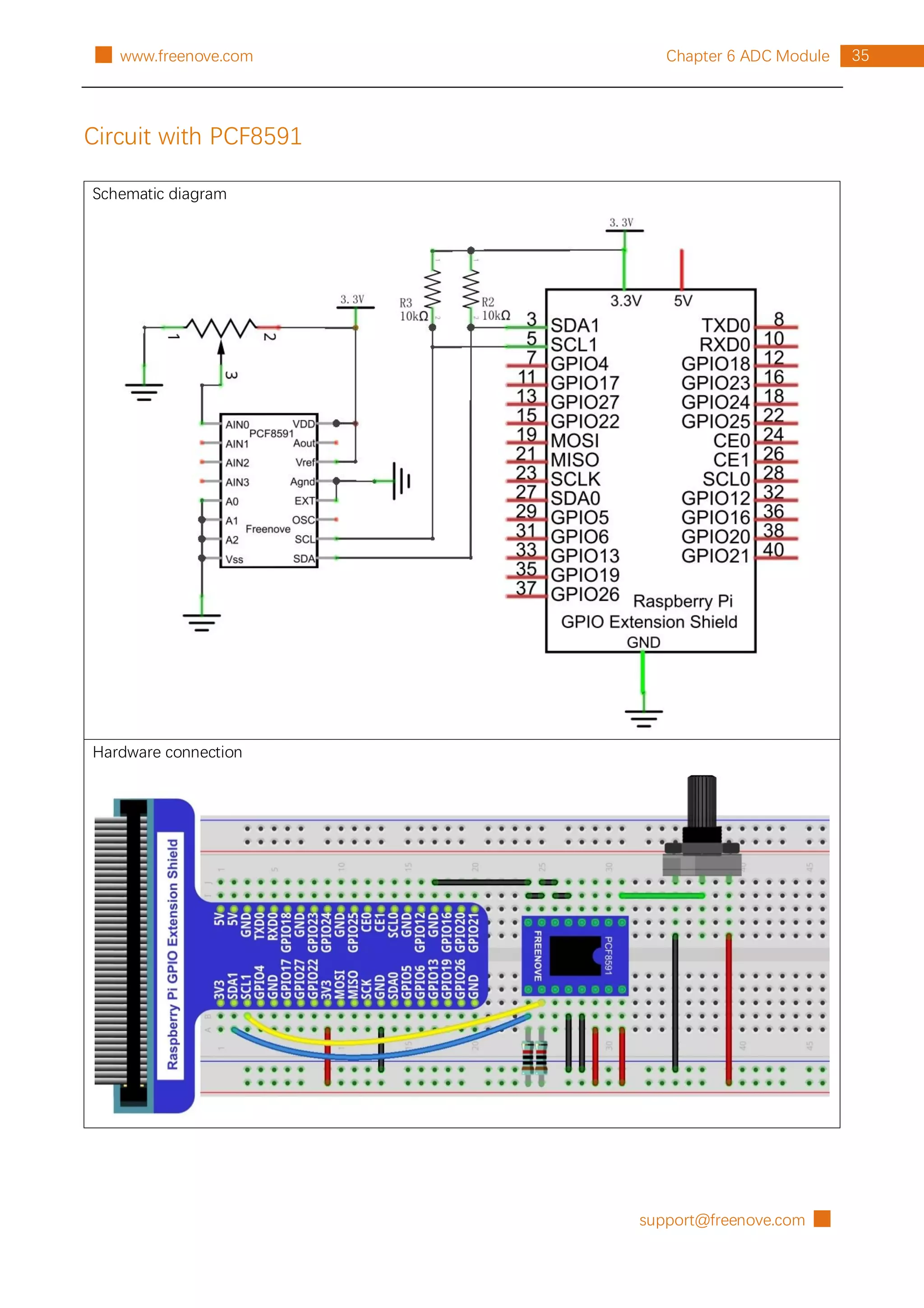 support@freenove.com █
35
Chapter 6 ADC Module
█ www.freenove.com
Circuit with PCF8591
Schematic diagram
Hardware connection
 