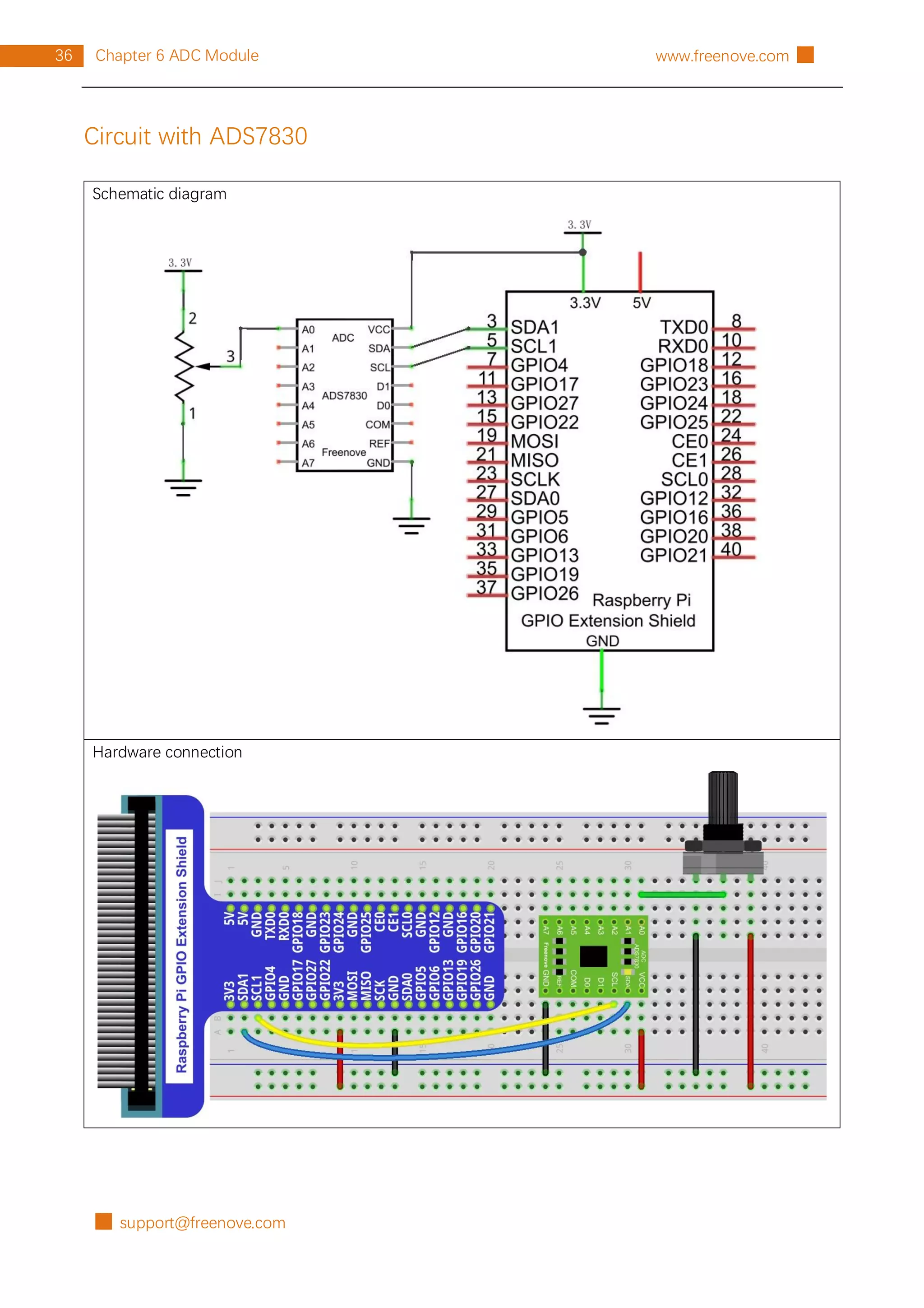 █ support@freenove.com
36 Chapter 6 ADC Module www.freenove.com █
Circuit with ADS7830
Schematic diagram
Hardware connection
 