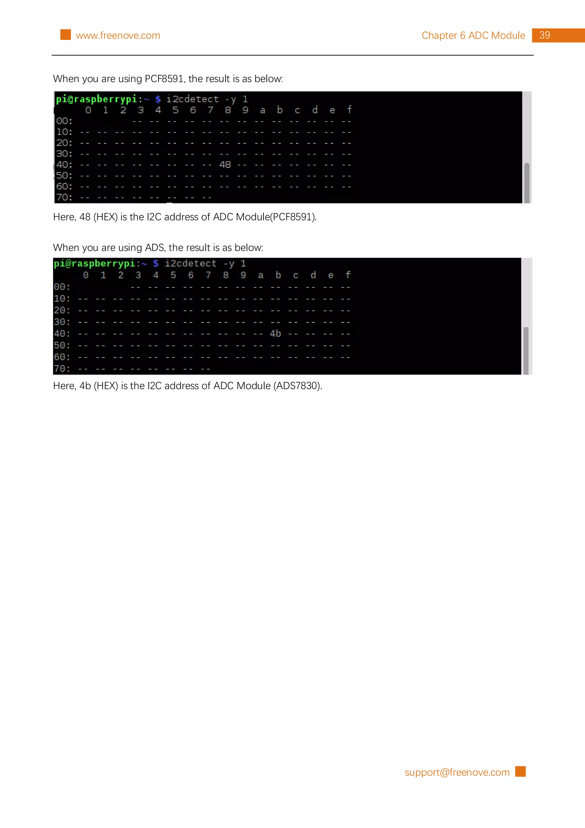 support@freenove.com █
39
Chapter 6 ADC Module
█ www.freenove.com
When you are using PCF8591, the result is as below:
Here, 48 (HEX) is the I2C address of ADC Module(PCF8591).
When you are using ADS, the result is as below:
Here, 4b (HEX) is the I2C address of ADC Module (ADS7830).
 