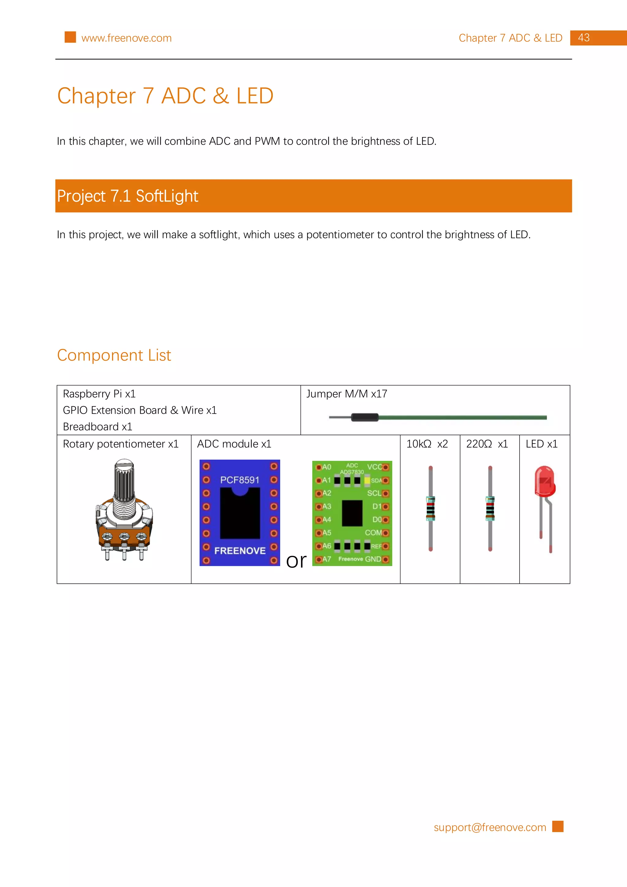 support@freenove.com █
43
Chapter 7 ADC & LED
█ www.freenove.com
Chapter 7 ADC & LED
In this chapter, we will combine ADC and PWM to control the brightness of LED.
Project 7.1 SoftLight
In this project, we will make a softlight, which uses a potentiometer to control the brightness of LED.
Component List
Raspberry Pi x1
GPIO Extension Board & Wire x1
Breadboard x1
Jumper M/M x17
Rotary potentiometer x1 ADC module x1
or
10kΩ x2 220Ω x1 LED x1
 
