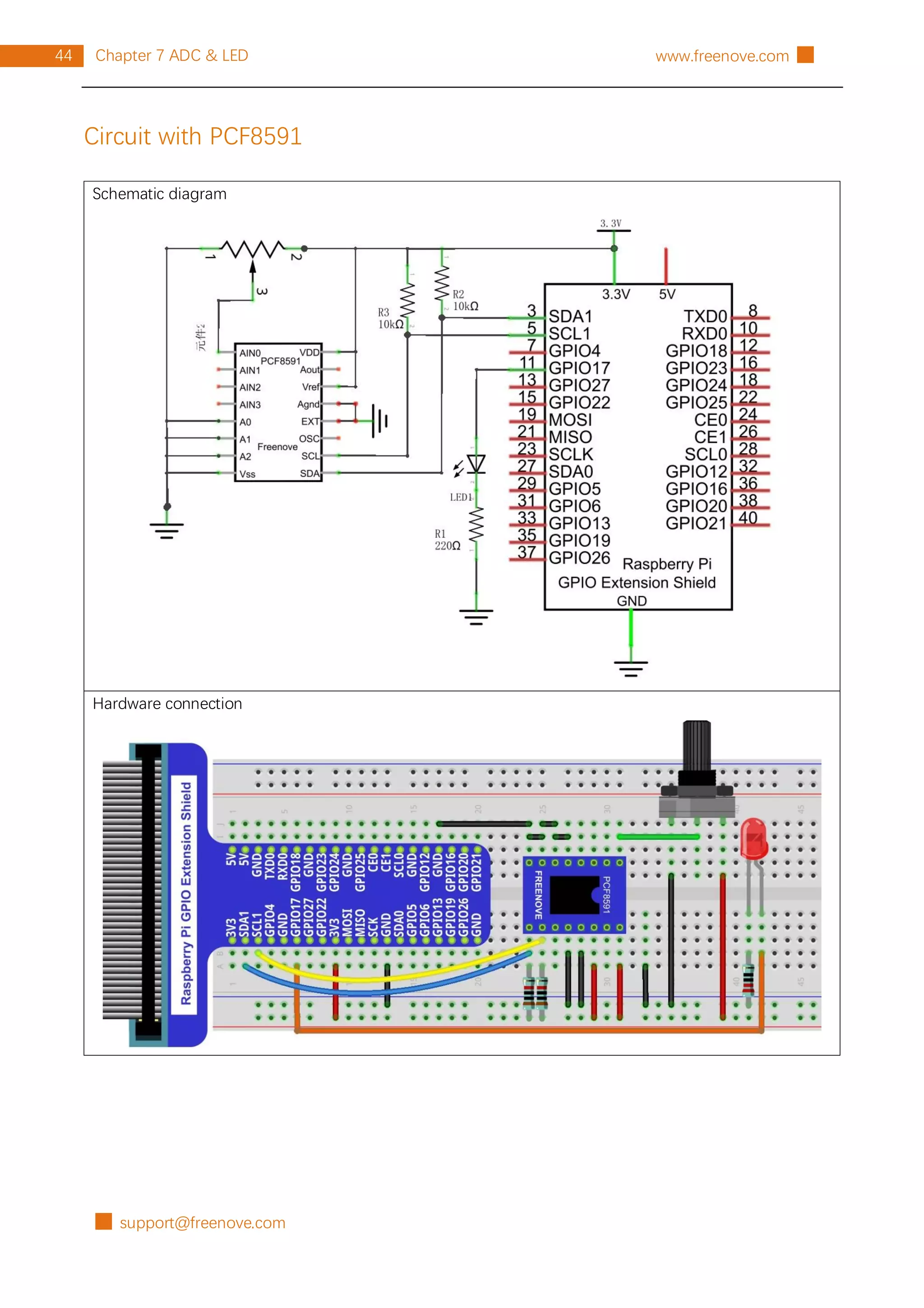 █ support@freenove.com
44 Chapter 7 ADC & LED www.freenove.com █
Circuit with PCF8591
Schematic diagram
Hardware connection
 