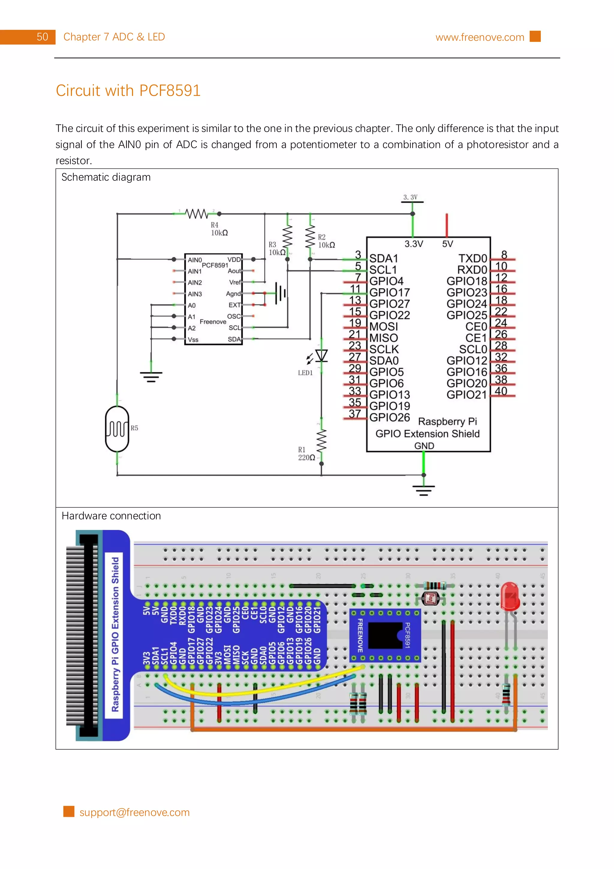 █ support@freenove.com
50 Chapter 7 ADC & LED www.freenove.com █
Circuit with PCF8591
The circuit of this experiment is similar to the one in the previous chapter. The only difference is that the input
signal of the AIN0 pin of ADC is changed from a potentiometer to a combination of a photoresistor and a
resistor.
Schematic diagram
Hardware connection
 