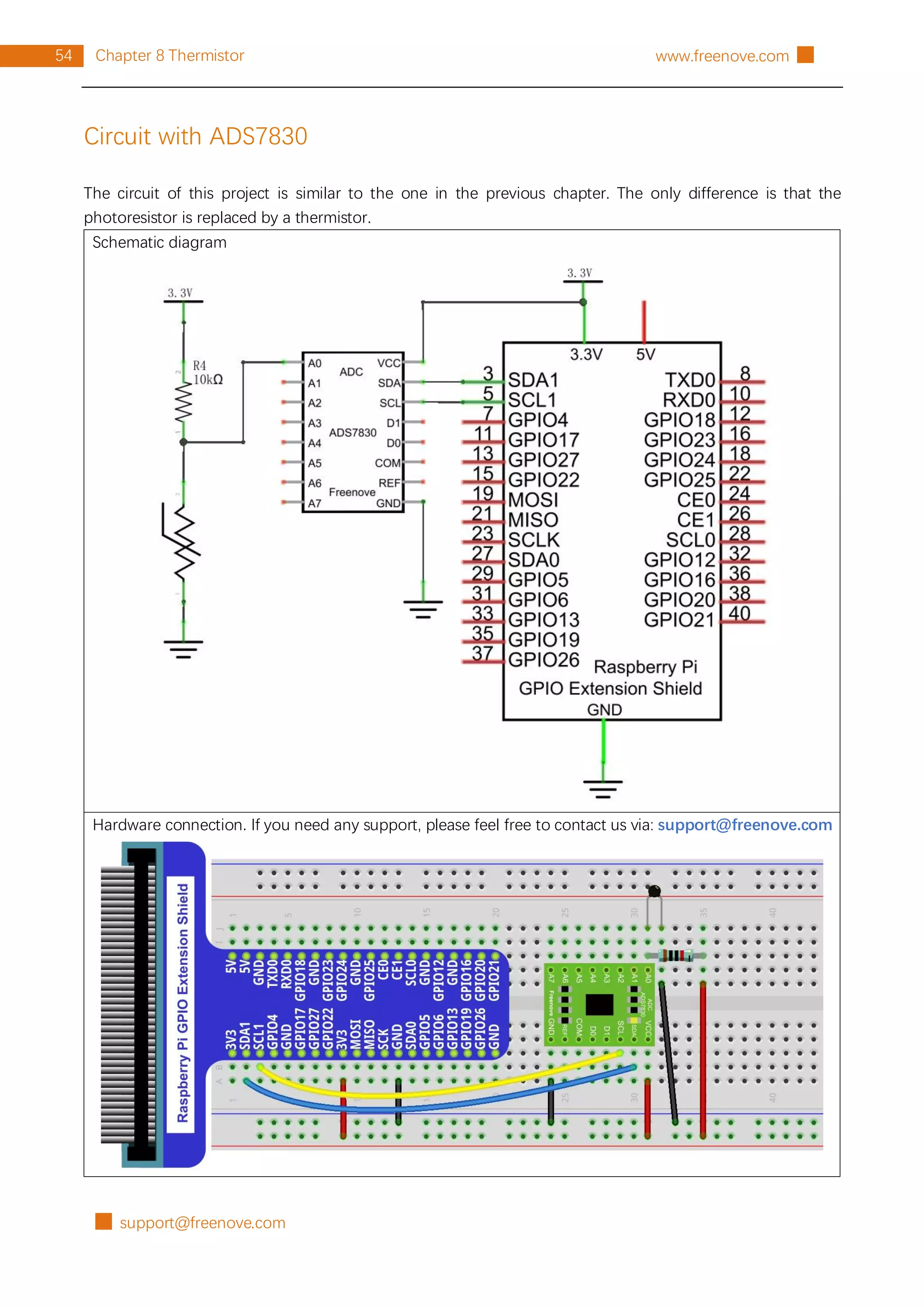 █ support@freenove.com
54 Chapter 8 Thermistor www.freenove.com █
Circuit with ADS7830
The circuit of this project is similar to the one in the previous chapter. The only difference is that the
photoresistor is replaced by a thermistor.
Schematic diagram
Hardware connection. If you need any support, please feel free to contact us via: support@freenove.com
 