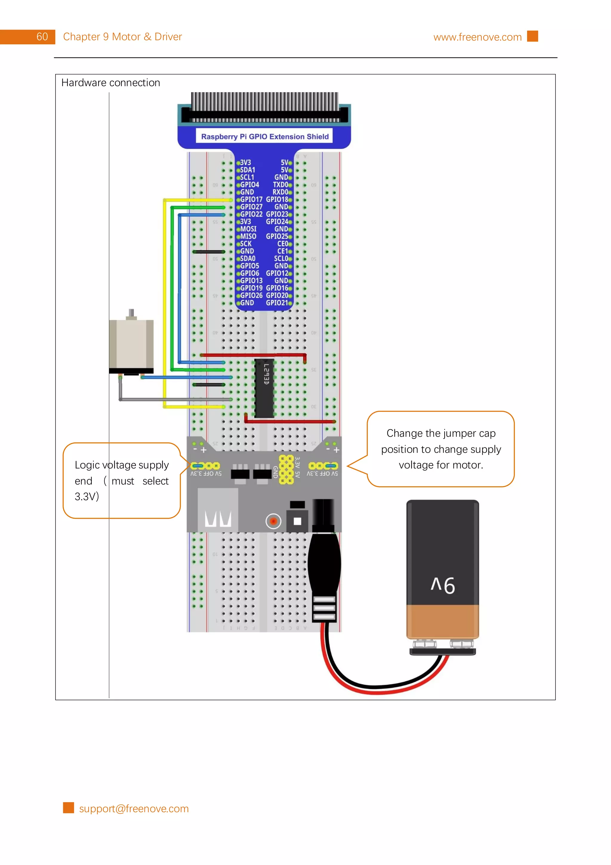 █ support@freenove.com
60 Chapter 9 Motor & Driver www.freenove.com █
Hardware connection
Change the jumper cap
position to change supply
voltage for motor.
Logic voltage supply
end （ must select
3.3V）
 