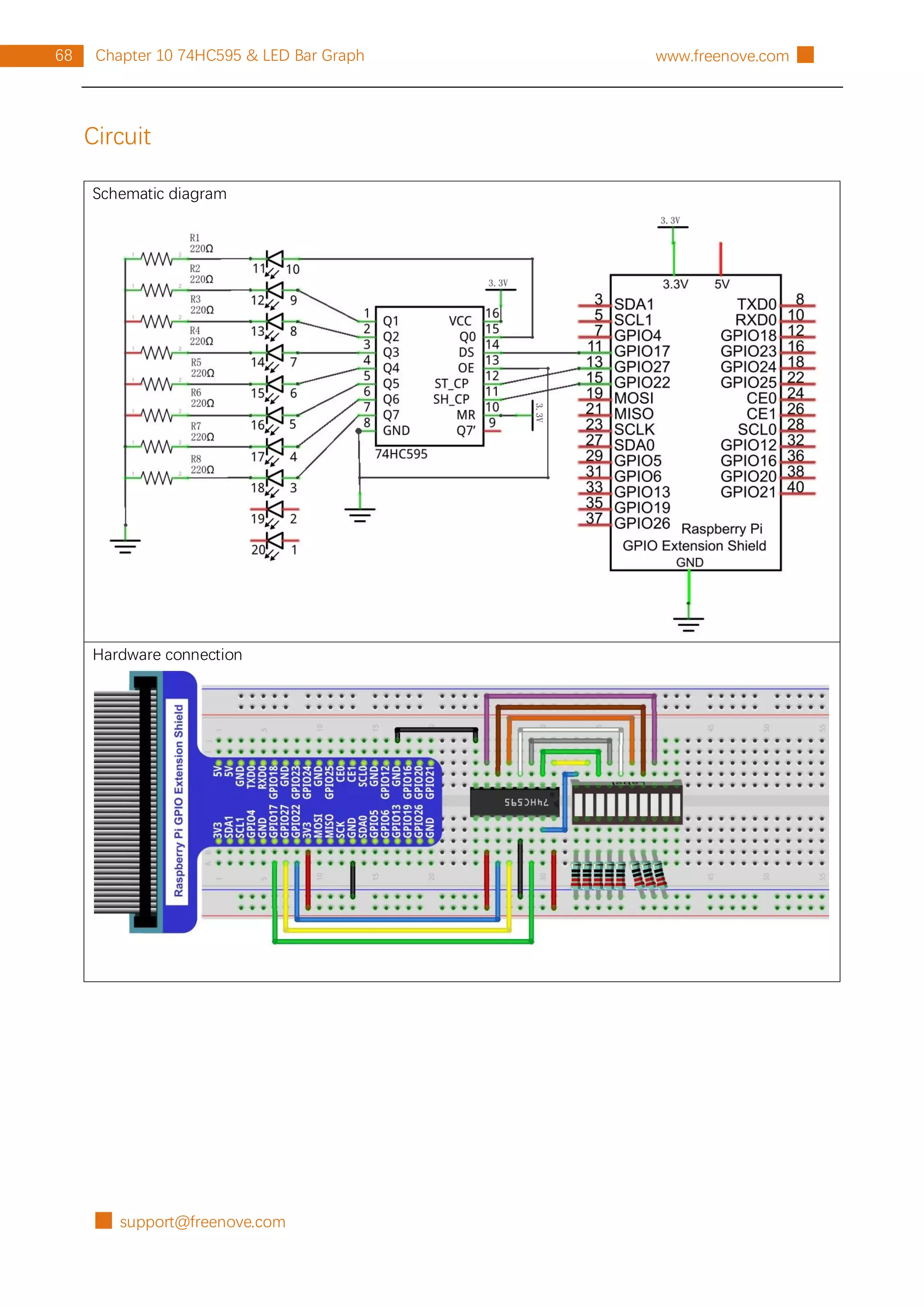 █ support@freenove.com
68 Chapter 10 74HC595 & LED Bar Graph www.freenove.com █
Circuit
Schematic diagram
Hardware connection
 