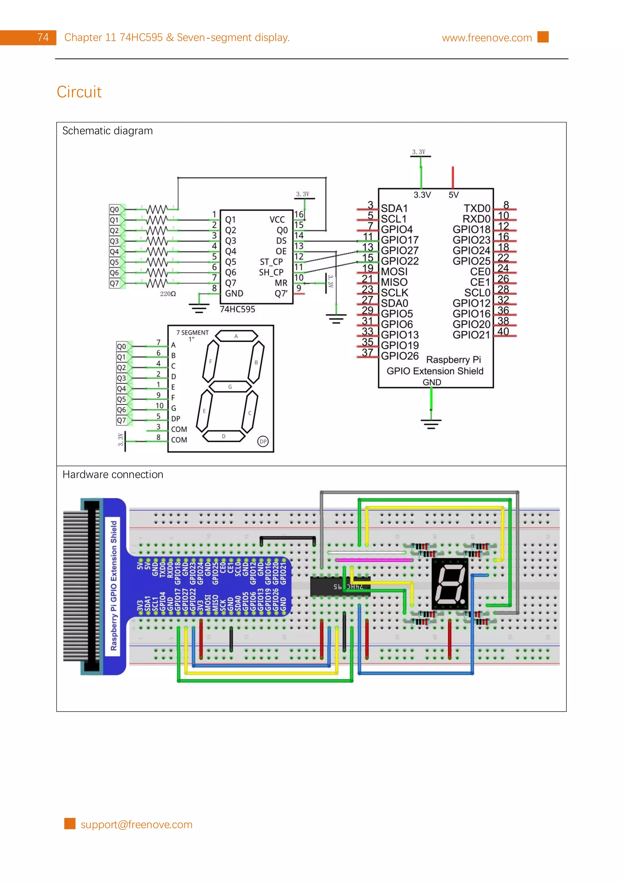 █ support@freenove.com
74 Chapter 11 74HC595 & Seven-segment display. www.freenove.com █
Circuit
Schematic diagram
Hardware connection
 