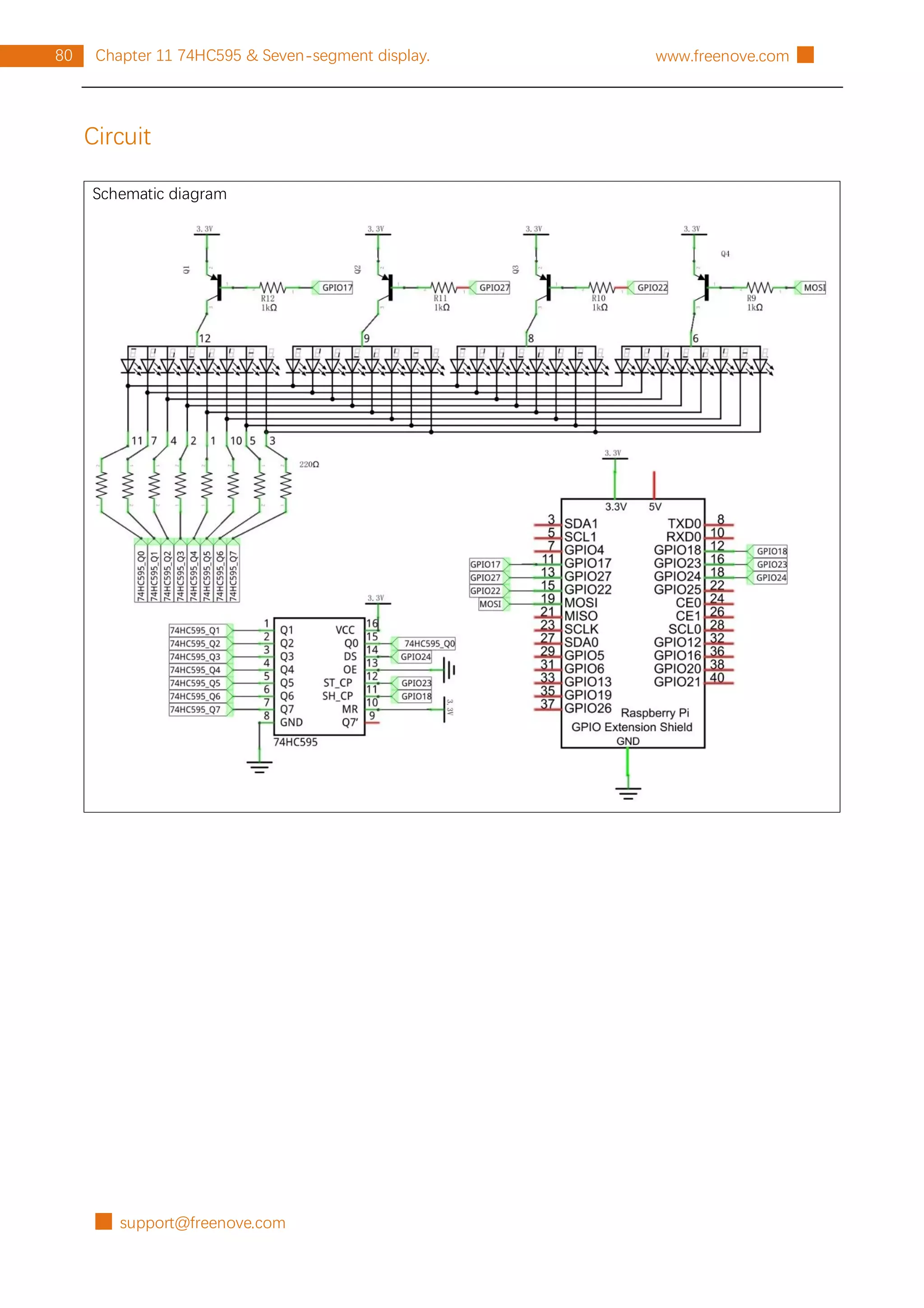 █ support@freenove.com
80 Chapter 11 74HC595 & Seven-segment display. www.freenove.com █
Circuit
Schematic diagram
 