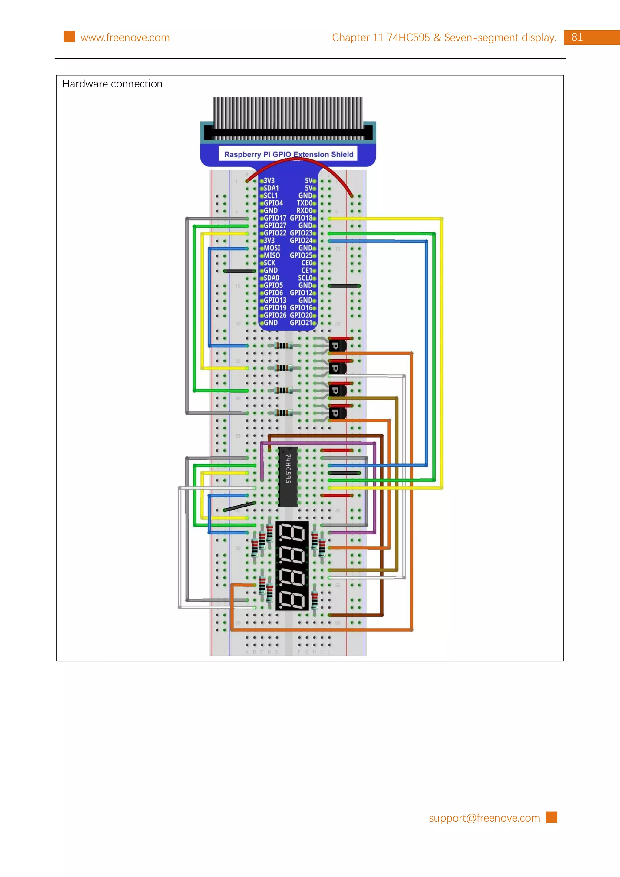 support@freenove.com █
81
Chapter 11 74HC595 & Seven-segment display.
█ www.freenove.com
Hardware connection
 