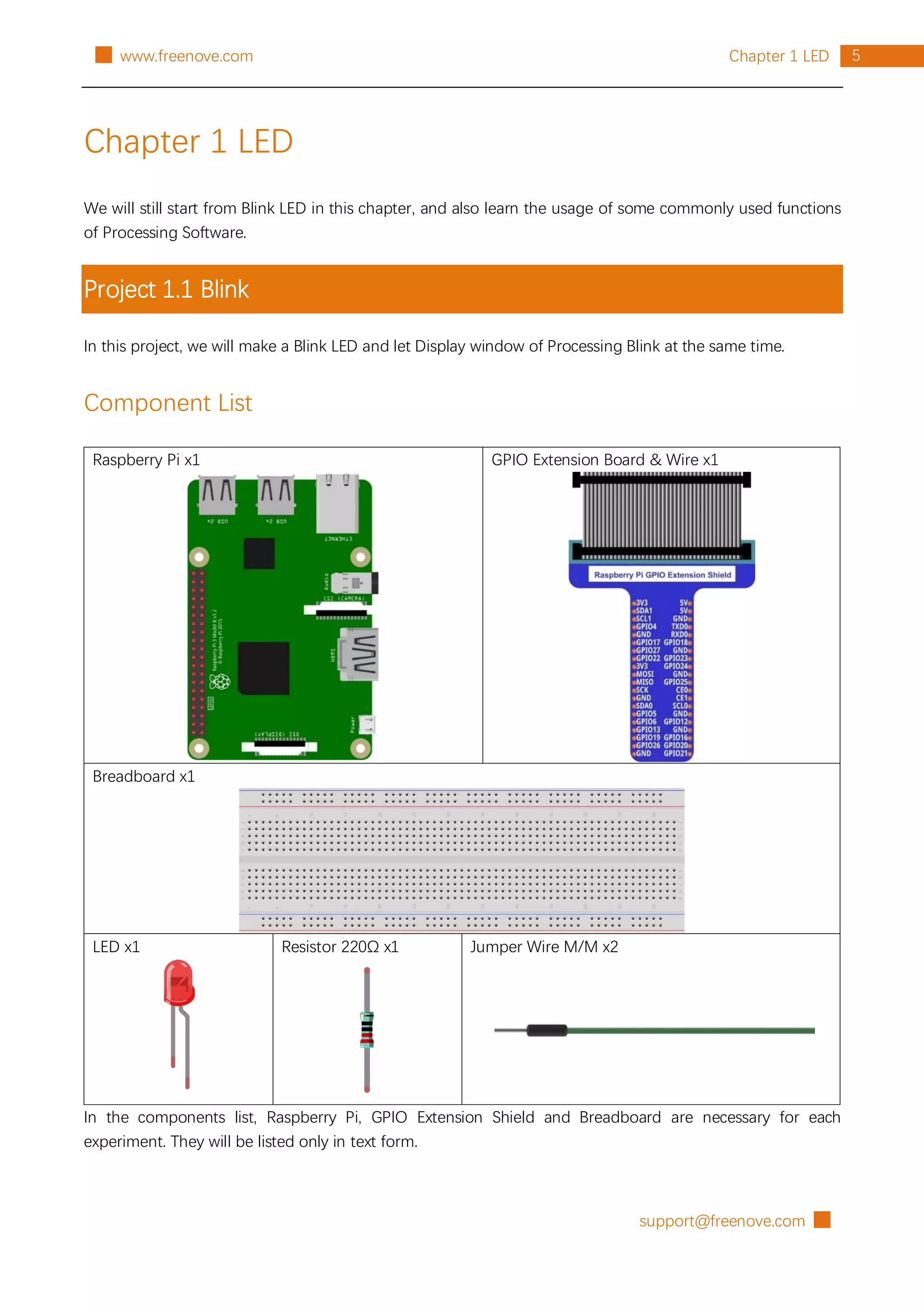 support@freenove.com █
5
Chapter 1 LED
█ www.freenove.com
Chapter 1 LED
We will still start from Blink LED in this chapter, and also learn the usage of some commonly used functions
of Processing Software.
Project 1.1 Blink
In this project, we will make a Blink LED and let Display window of Processing Blink at the same time.
Component List
Raspberry Pi x1 GPIO Extension Board & Wire x1
Breadboard x1
LED x1 Resistor 220Ω x1 Jumper Wire M/M x2
In the components list, Raspberry Pi, GPIO Extension Shield and Breadboard are necessary for each
experiment. They will be listed only in text form.
 