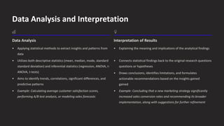Data Analysis and Interpretation
Data Analysis
• Applying statistical methods to extract insights and patterns from
data
• Utilizes both descriptive statistics (mean, median, mode, standard
standard deviation) and inferential statistics (regression, ANOVA, t
ANOVA, t-
-
tests)
• Aims to identify trends, correlations, significant differences, and
predictive patterns
• Example: Calculating average customer satisfaction scores,
performing A/B test analysis, or modeling sales forecasts
Interpretation of Results
• Explaining the meaning and implications of the analytical findings
• Connects statistical findings back to the original research questions
questions or hypotheses
• Draws conclusions, identifies limitations, and formulates
actionable recommendations based on the insights gained
gained
• Example: Concluding that a new marketing strategy significantly
increased sales conversion rates and recommending its broader
implementation, along with suggestions for further refinement
 