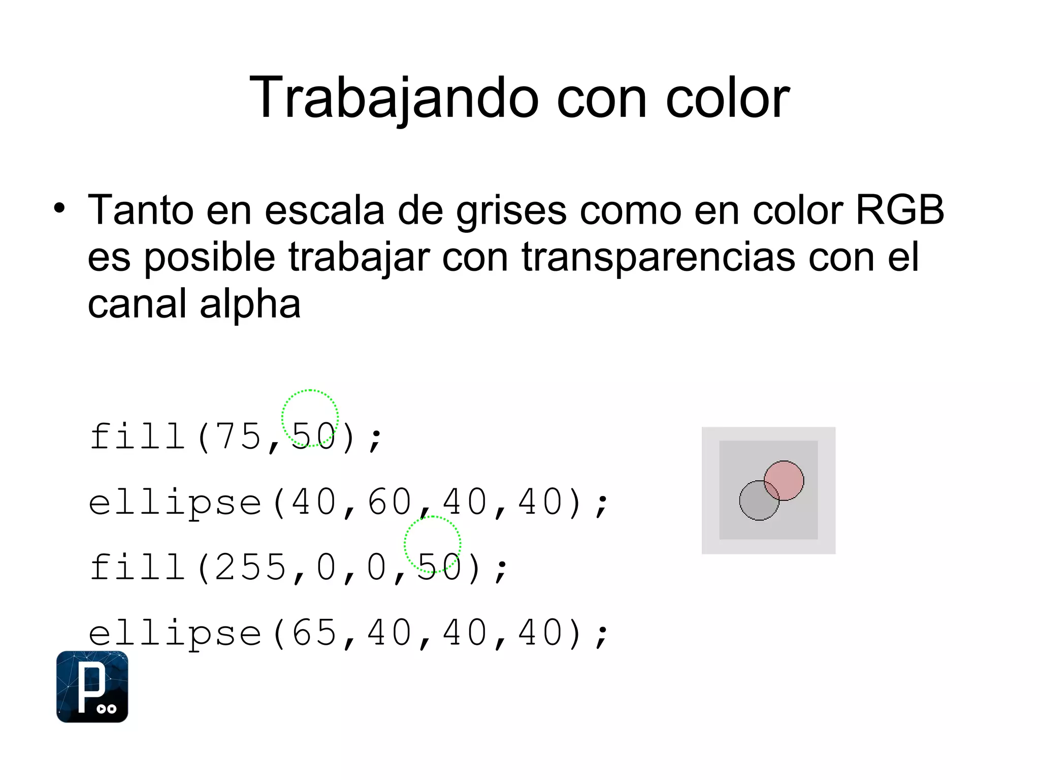 Trabajando con color
• Tanto en escala de grises como en color RGB
es posible trabajar con transparencias con el
canal alpha
fill(75,50);
ellipse(40,60,40,40);
fill(255,0,0,50);
ellipse(65,40,40,40);
 