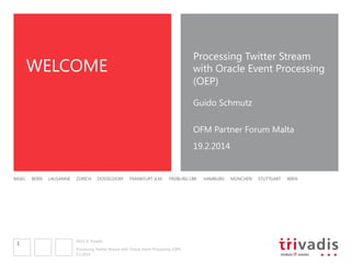 Processing Twitter Stream with
Oracle Event Processing (OEP)
Guido Schmutz
OFM Partner Forum Malta
19.2.2014

BASEL

1

BERN

BRUGG

LAUSANNE

ZUERICH

DUESSELDORF

FRANKFURT A.M.

2013 © Trivadis
Processing Twitter Stream with Oracle Event Processing (OEP)
19.02.2014

FREIBURG I.BR.

HAMBURG

MUNICH

STUTTGART

VIENNA

 

 