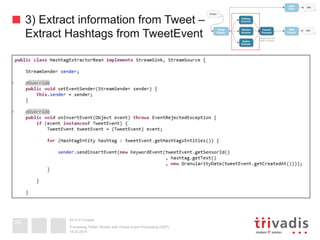 2013 © Trivadis
3) Extract information from Tweet –
Extract Hashtags from TweetEvent
19.02.2014
Processing Twitter Stream with Oracle Event Processing (OEP)
36
 