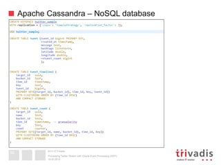 2013 © Trivadis
Apache Cassandra – NoSQL database
19.02.2014
Processing Twitter Stream with Oracle Event Processing (OEP)
50
 