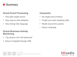 2013 © Trivadis
Summary
Cassandra
•  No single point of failure
•  Forget your data modeling skills
•  Model around the queries
•  Query Language
Oracle Event Processing
•  Very light weight server
•  Very easy to write adapters
•  Very strong CQL language
Oracle Business Activity
Monitoring
§  11g version a bit “old fashioned”
§  Easy to integrate through JMS
19.02.2014
Processing Twitter Stream with Oracle Event Processing (OEP)
54
 